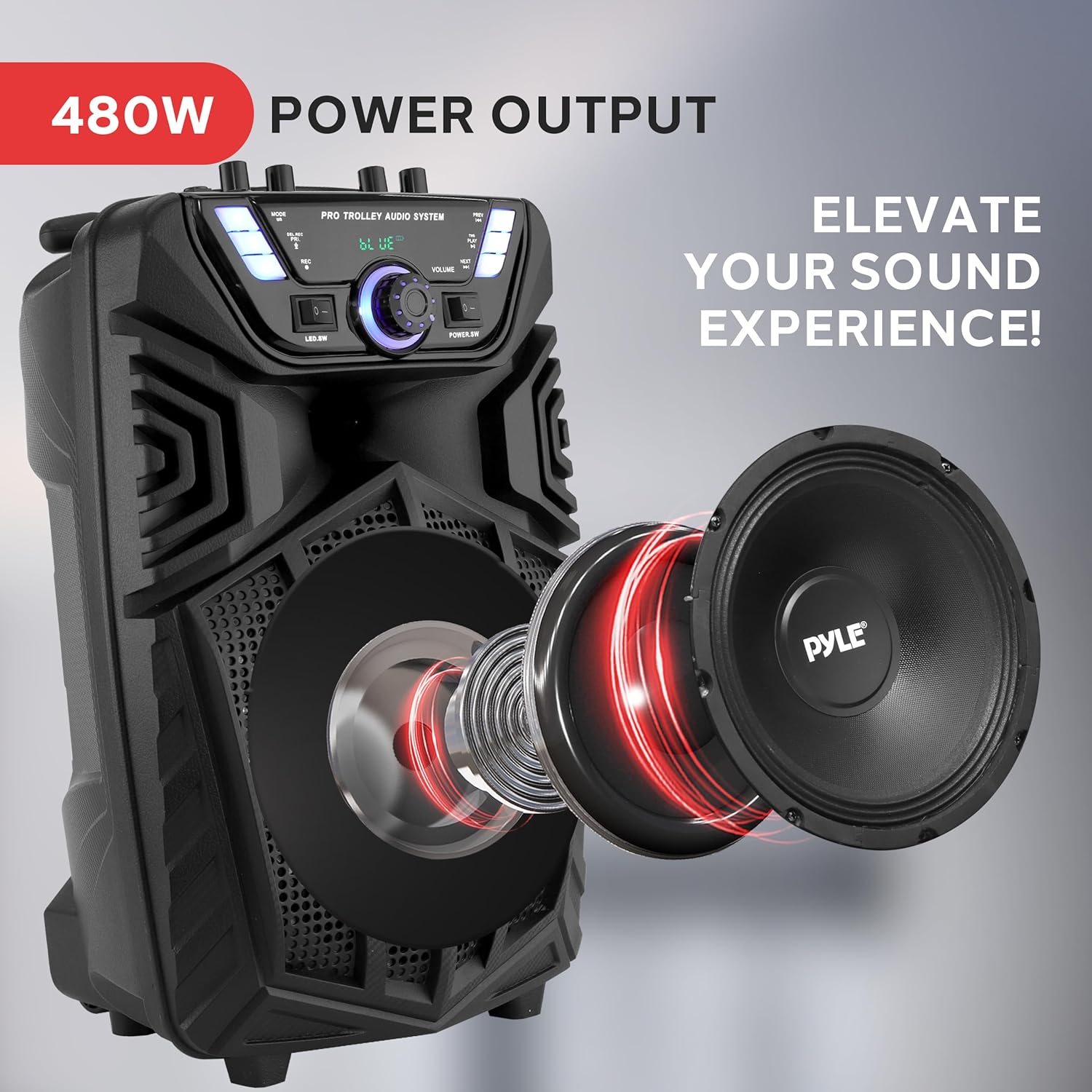 Pyle 480W Portable Bluetooth PA Speaker - 8” Rechargeable Outdoor Karaoke Speaker, Audio System w/Wireless Mic and Wheels, TWS, Party Lights, LED Display, 6.5mm Mic Input, FM/AUX/MP3/USB/SD