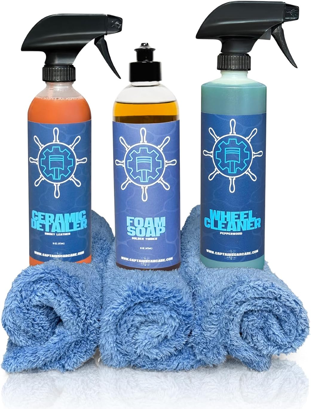 Captain's Car Care Exterior Cleaning Trio Kit, Foam Soap, Ultra HD Wheel Cleaner, 6 Month Ceramic Protection Spray, 3-Step Car Care System, Premium Scented Formulas, for Cleaning and Protection.