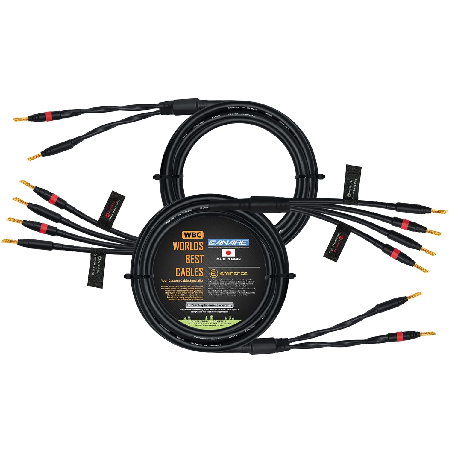 WORLDS BEST CABLES 12 Foot - Canare 4S11 – Audiophile Grade - HiFi Star-Quad Bi-Wire Speaker Cable Pair with Eminence Gold Banana Connectors