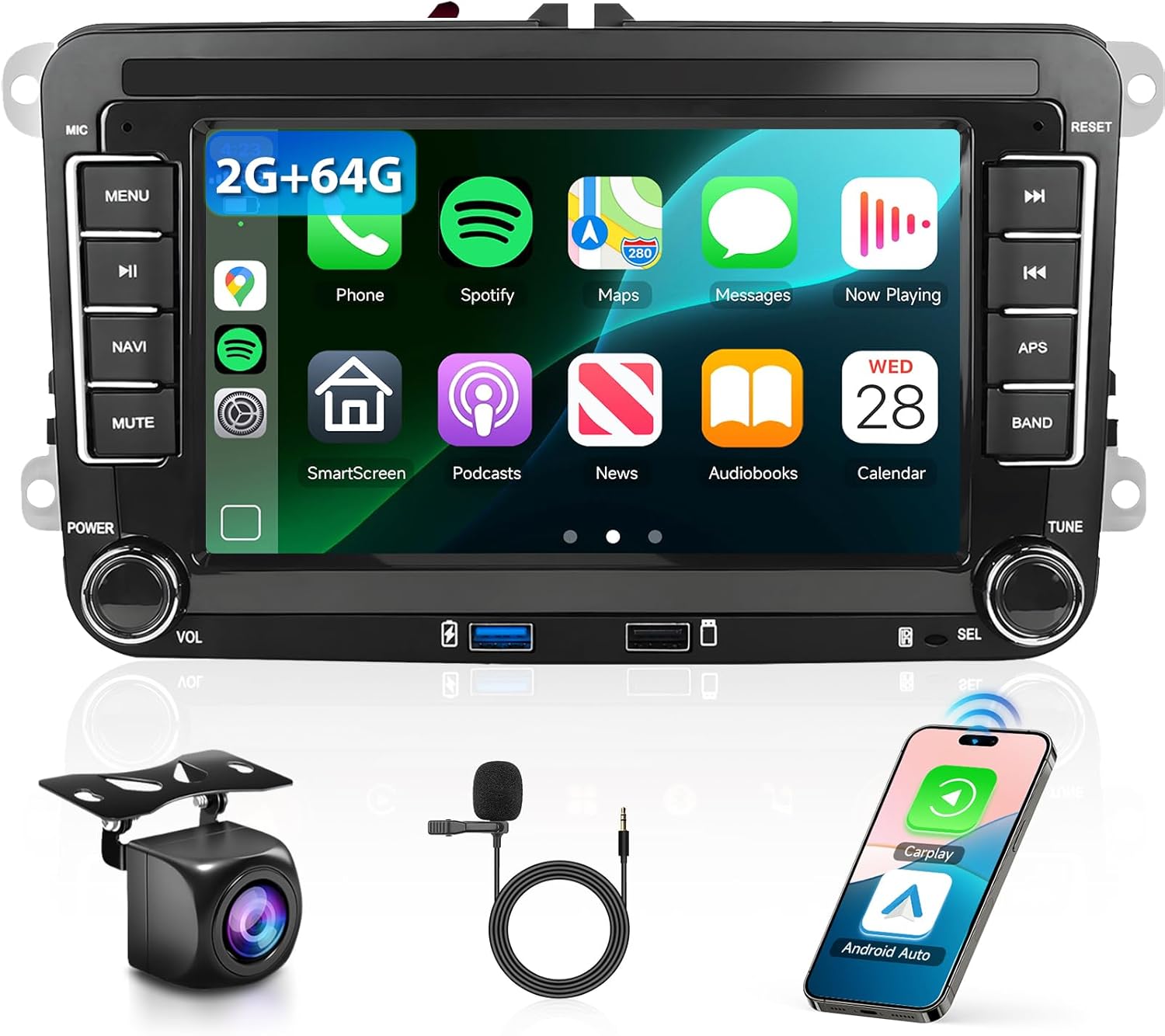 2G+64G for VW Passat Jetta Tiguan Golf MK5 MK6 T5 Polo Car Radio Stereo Android 13 with Wireless Carplay//Android Auto, 7 Inch Touch Screen Two USB, GPS,FM/RDS,SWC,Bluetooth HD Backup Camera