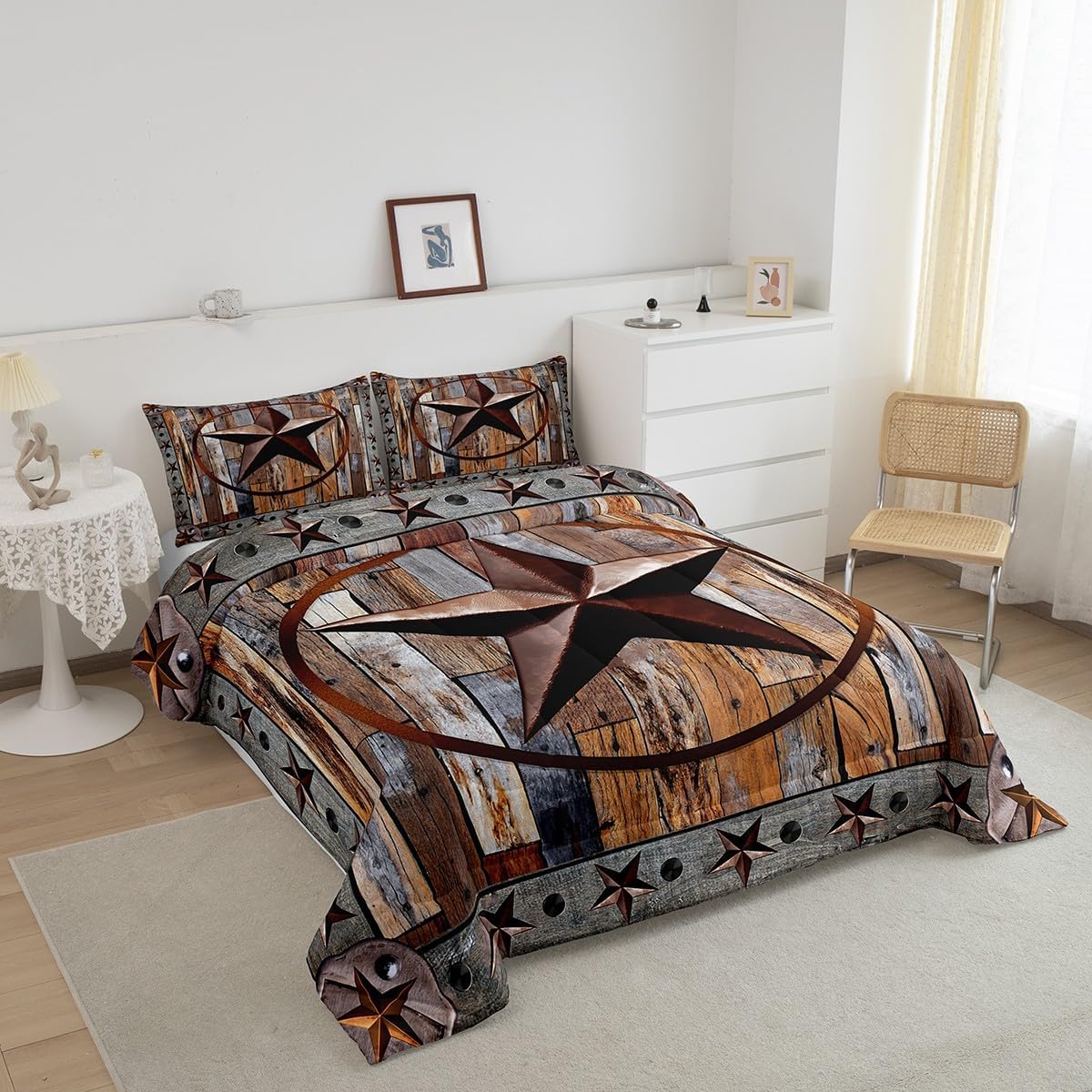 Feelyou Western Texas Star Comforter Rustic Wood Grain Comforter Set for Boys Girls Children Rustic Farmhouse Bedding Set Vintage Style Duvet Set Room Decor Quilt Set King Size