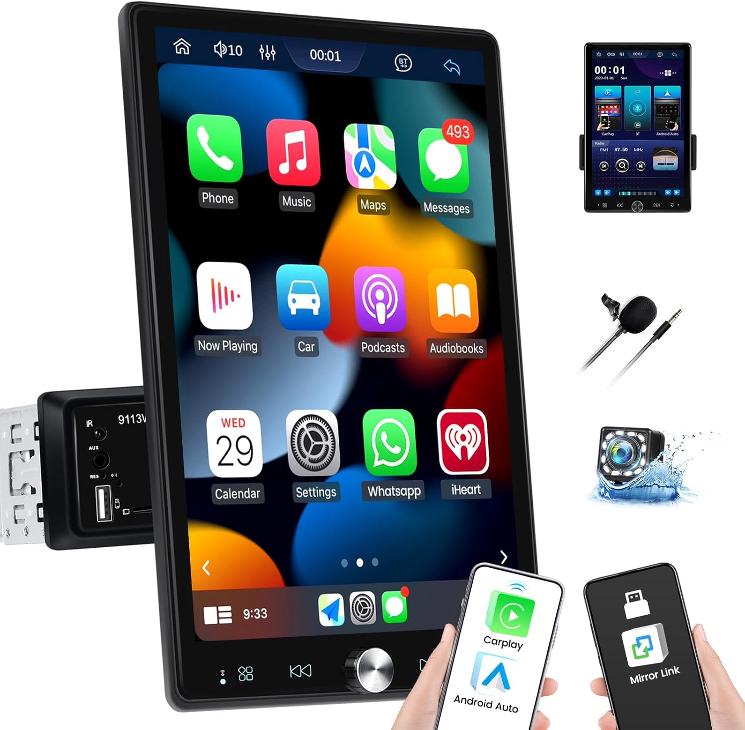 Single Din Car Radio with Wireless Carplay Android Auto,10.4 Inch Vertical Touch Screen Car Stereo with Mirror Link,Bluetooth,FM/RDS Radio,Car Radio Audio Receivers with EQ AUX/USB+Backup Camera