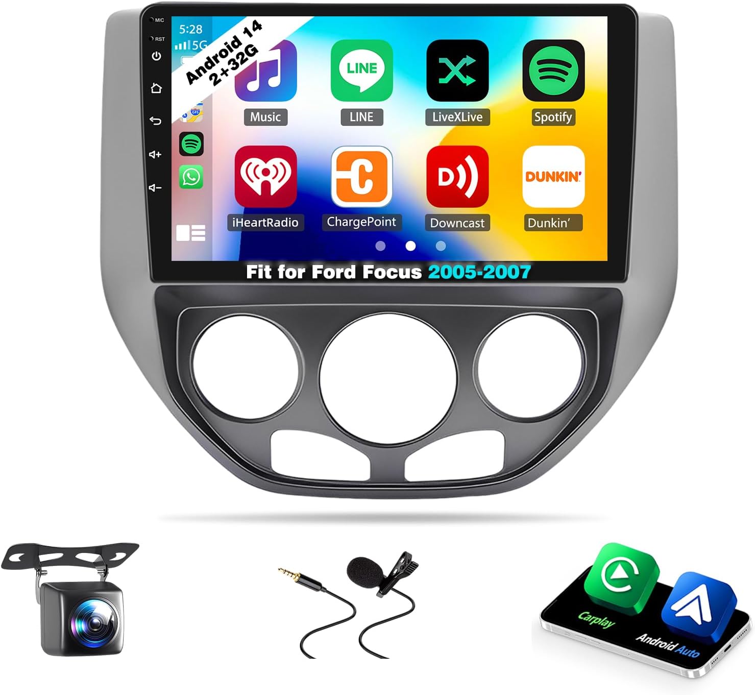 4+64G Android 14 Car Stereo Fit for Ford Focus 2005-2007, 9inch Touch Screen with Wireless Carplay Android Auto AHD Backup Camera Mirror Link GPS SWC WiFi FM