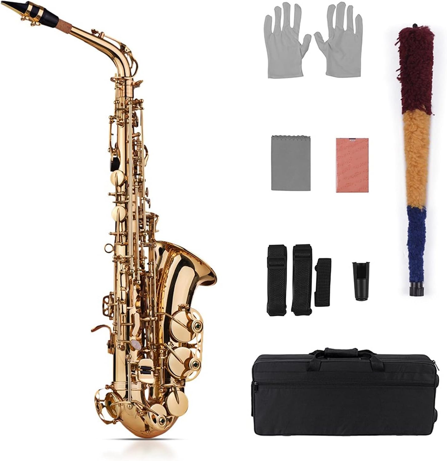 Sax Beginners Kit EB Alto Saxophone Sax Brass Lacquered Gold 802 Key Type Woodwind Instrument with Padded Carry Case Gloves Cleaning Cloth Wind Instrument (Color : Gold)