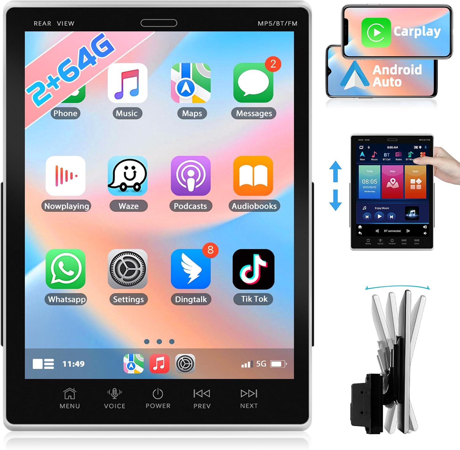 Podofo 2+64G Double Din Android Car Stereo Radio 9.5'' Vertical Touch Screen Bluetooth Audio Receiver with Apple CarPlay Android Auto WiFi GPS Navigation FM RDS Split Screen Backup Camera Mic