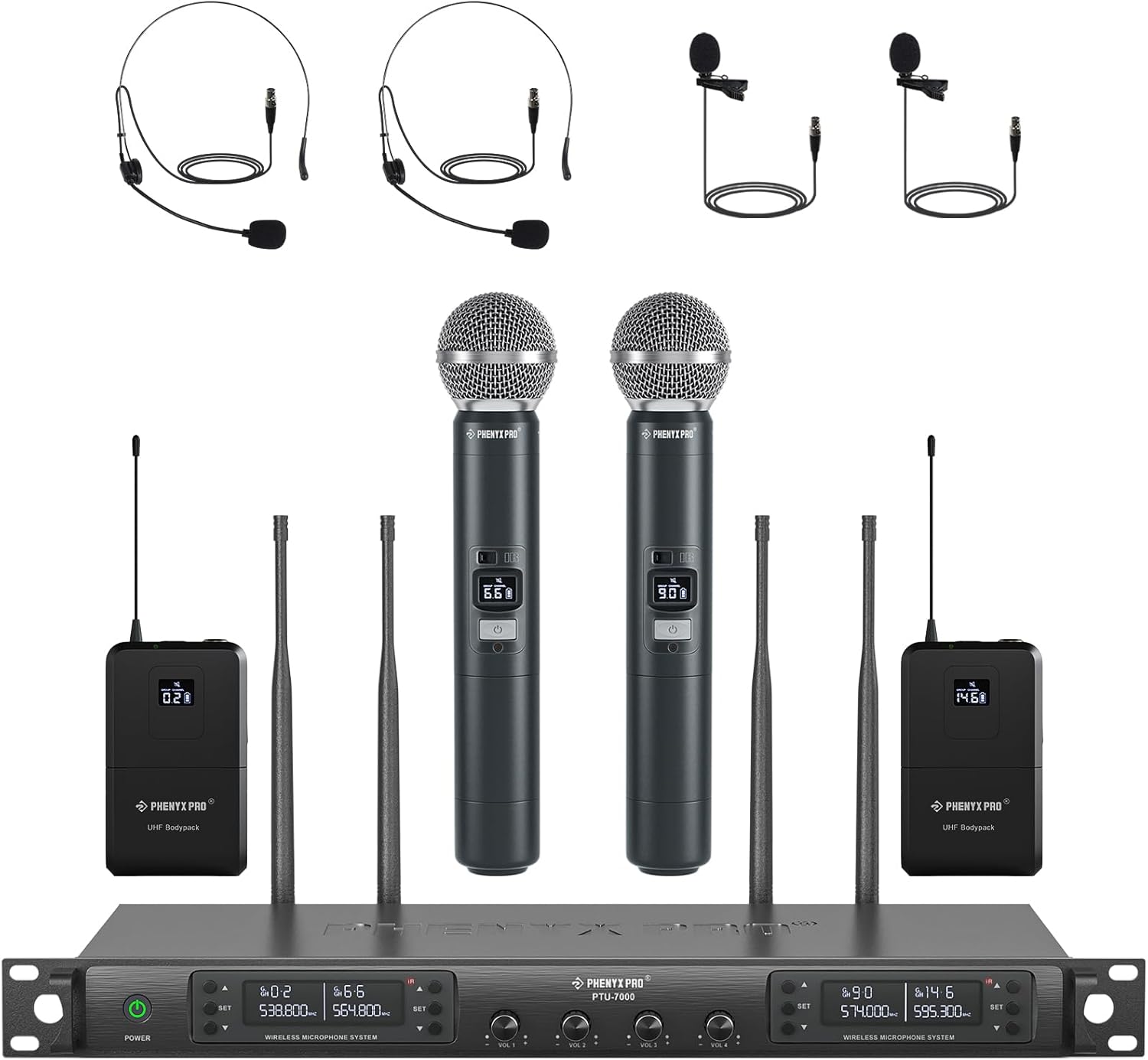 Phenyx Pro 4-Channel Wireless Microphone System w/Auto Scan, 4x40 UHF Frequencies, 2 Handheld Dynamic Mics, 2 Bodypacks & Headsets/Lapel Microphones for Singing, DJ, Church (PTU-7000-2H2B)