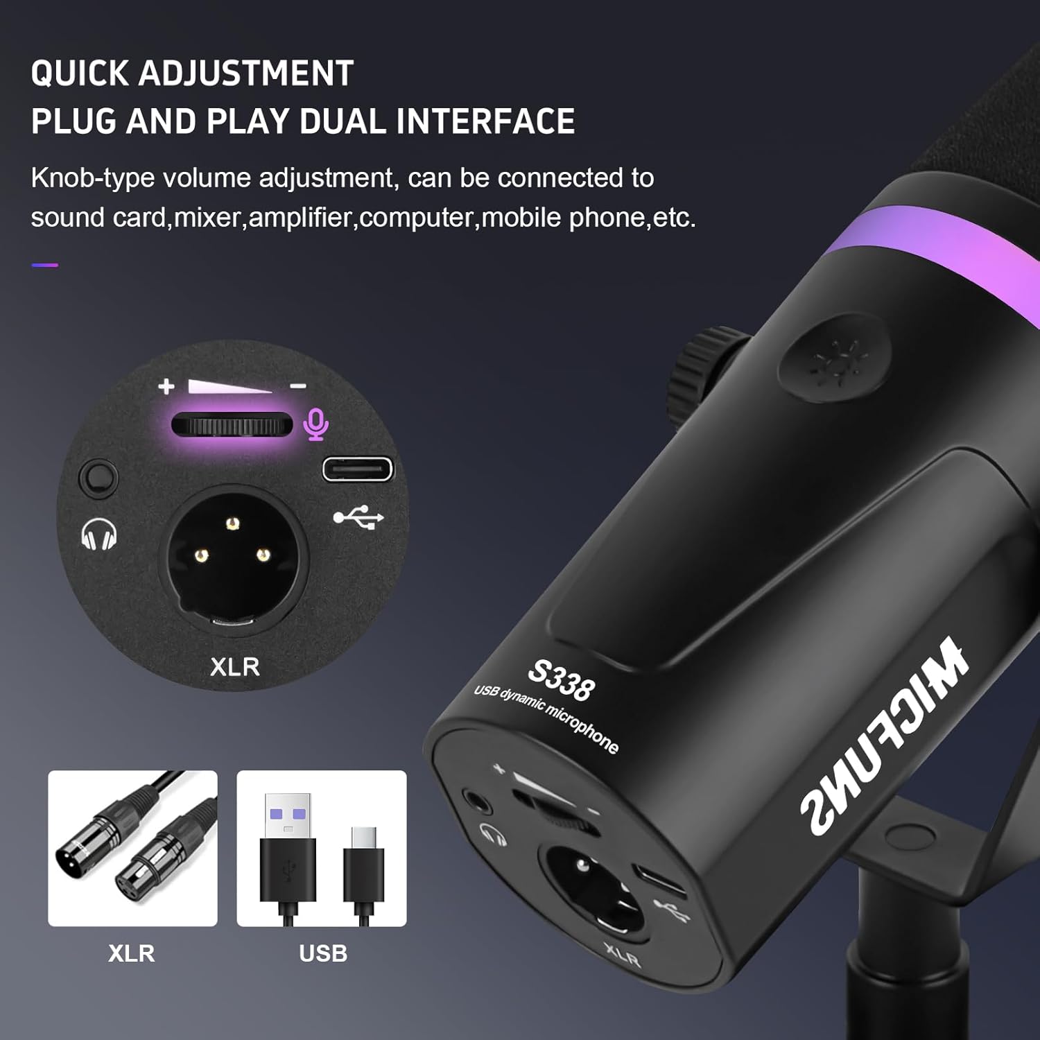 Micufuns Vocal Dynamic Microphone, XLR/USB Podcast Recording PC Microphone,Studio Metal Mic with Mute, Headphone Jack, Monitoring Volume Control,with RGB Microphone Boom arm (M338-A)