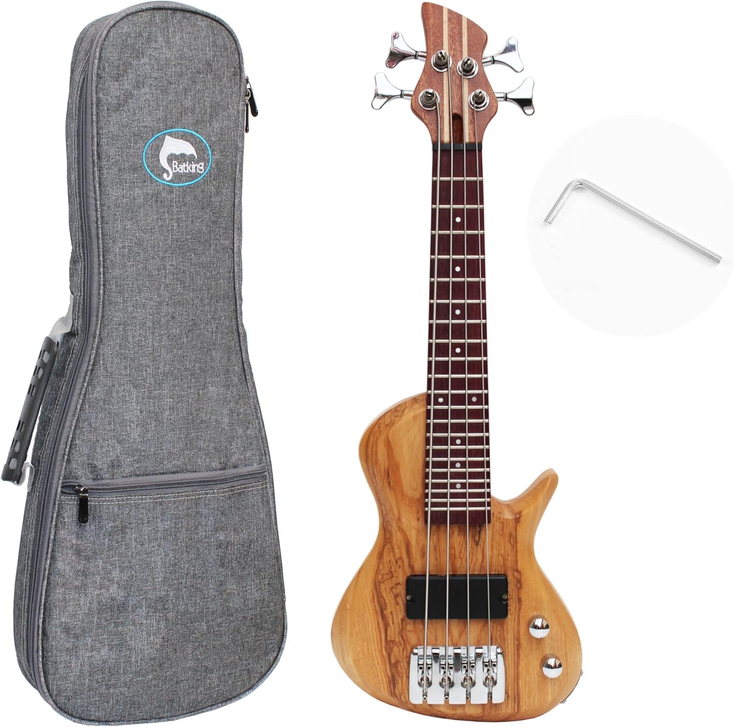 Batking Mini Electric Bass Guitar, Travel Ubass 4 Strings, Fretted Ukelele Bass with Gig bag & Wrench