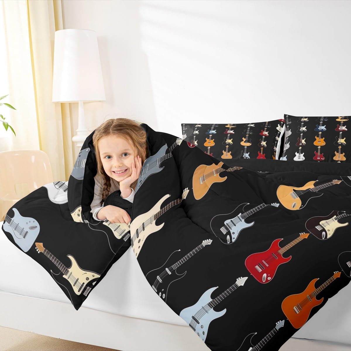 Manfei Colorful Guitar Comforter Set King Size,Musical Instruments Artistic Guitars Bedding Set 3 Pcs for Adults,Rock Bass Music Lovers Comforter,Black Duvet Insert,2 Pillowcases
