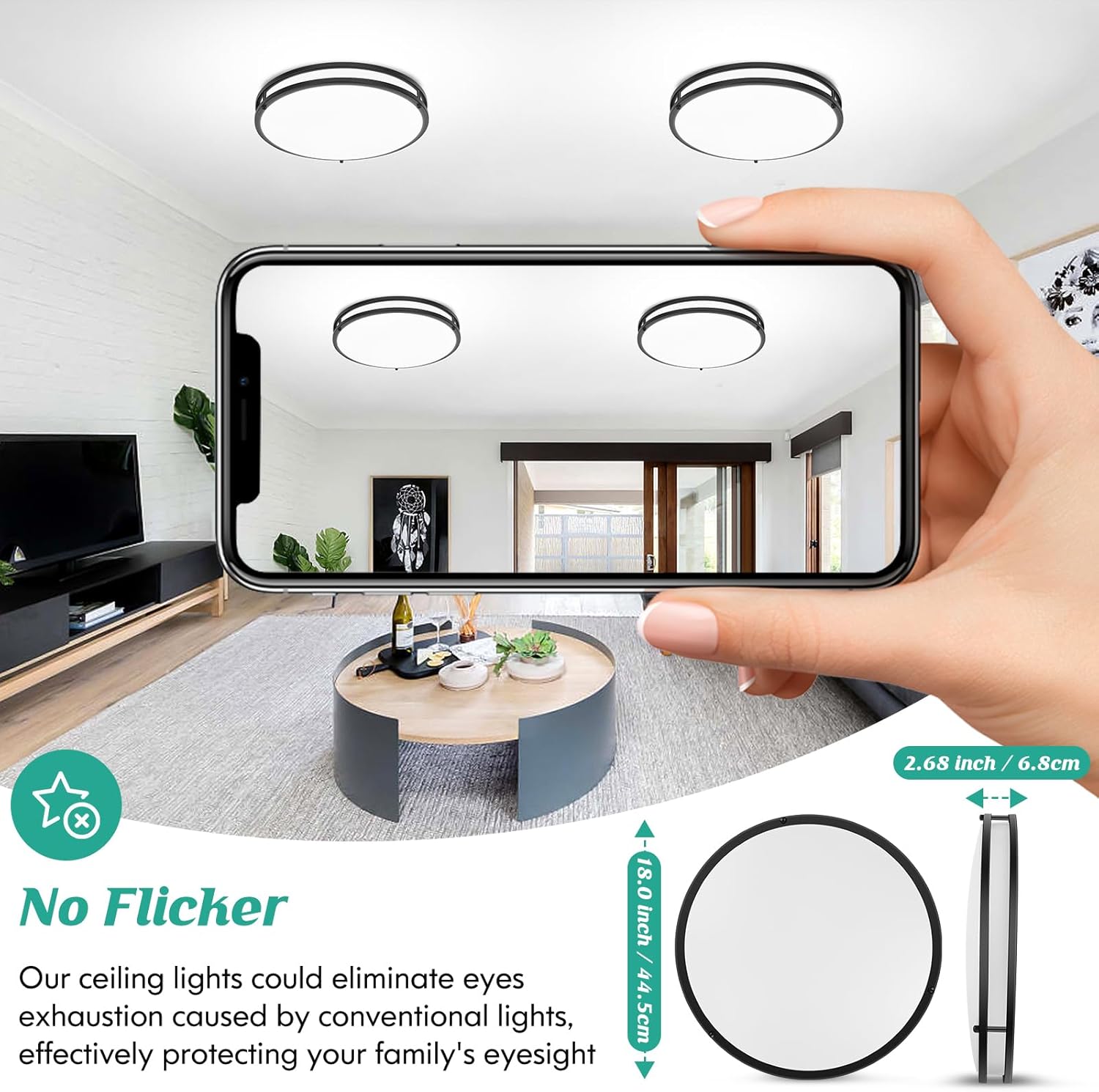 LED Flush Mount Ceiling Light Fixture, 18 Inch Dimmable 5CCT Selectable 2700K Warm White-6500K Super Bright Daylight White, 50W 6000LM Round Black Ceiling Lamps for Living Room Bedroom Kitchen, 1 Pack