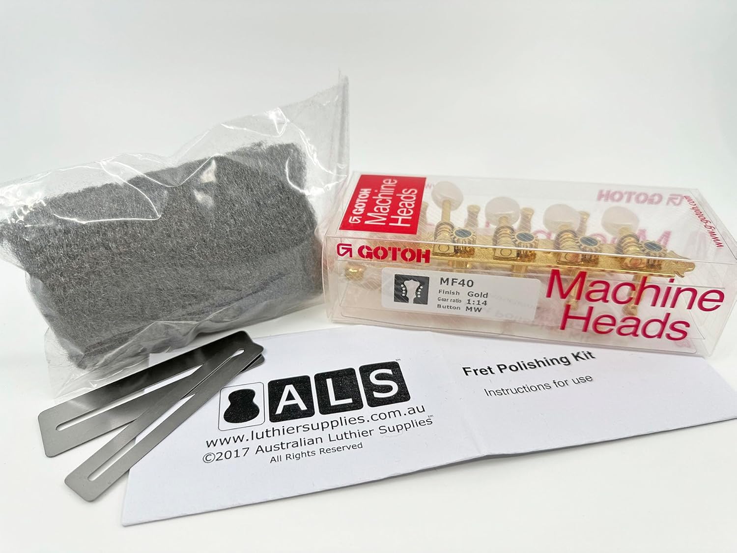 Gotoh F-Style Mandolin Tuners - Gold with Pearloid Buttons [Bonus ALS Fret Polishing Kit] MF40-MWG Model Tuners by Gotoh Japan - Fret Polishing Kit by ALS