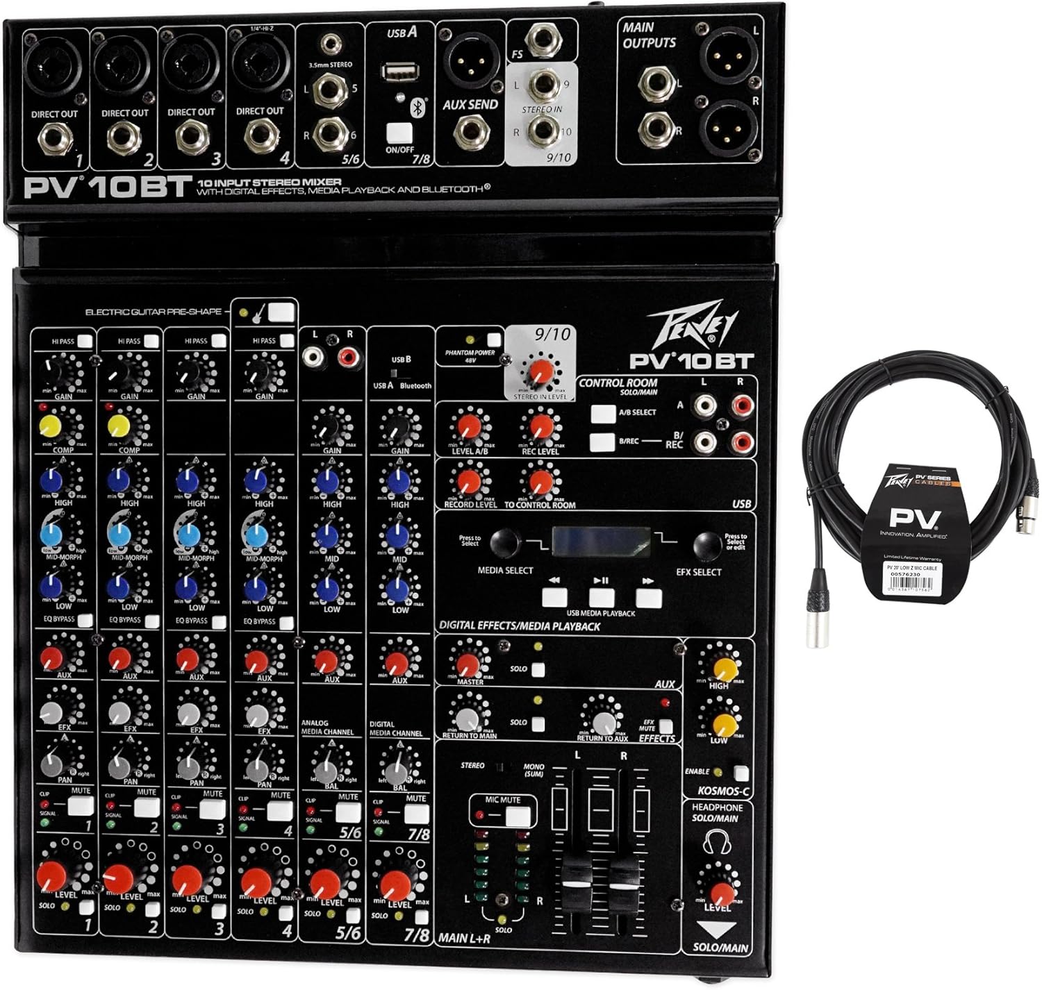 Peavey PV 10BT PV10BT Pro Audio Mixer,4 mic In,Bluetooth/USB,Compressor/Effects Bundle with Peavey PV 20' XLR Female to Male Low Z Mic Cable