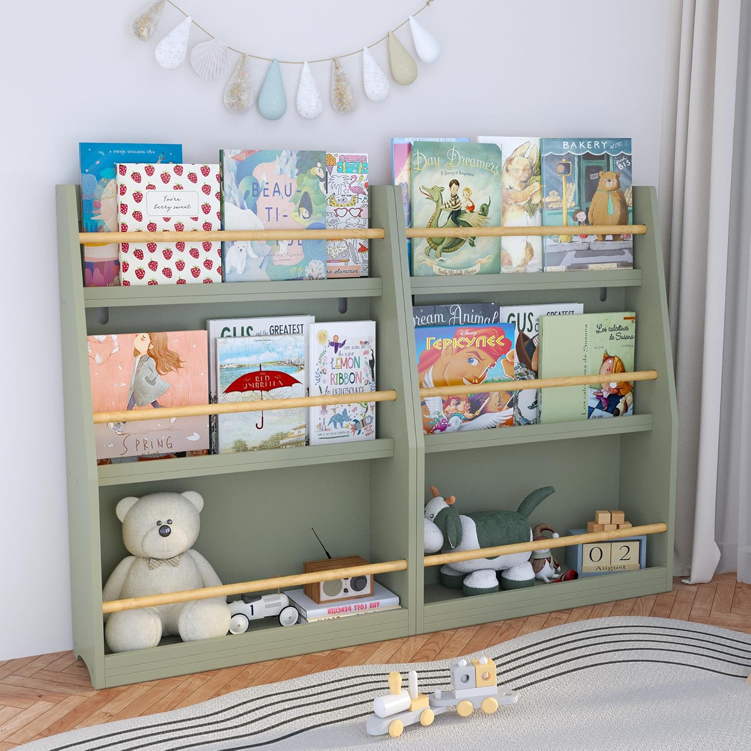 Kids Book Display Shelf, 3-Tier Wall Mount Bookcase, Sage Green, MDF and Pine Wood, Nursery Storage Rack for Children's Bedroom, Playroom