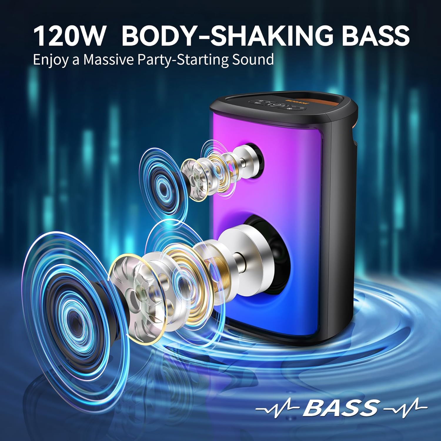 BUGANI Loud Bluetooth Speaker, 120W Portable Wireless Speakers with Punchy Bass and Loud Sound, LED Lights, 15H Playtime, IPX6 Waterproof, Support AUX/TF Card/USB, Big Party Speaker for Outdoor
