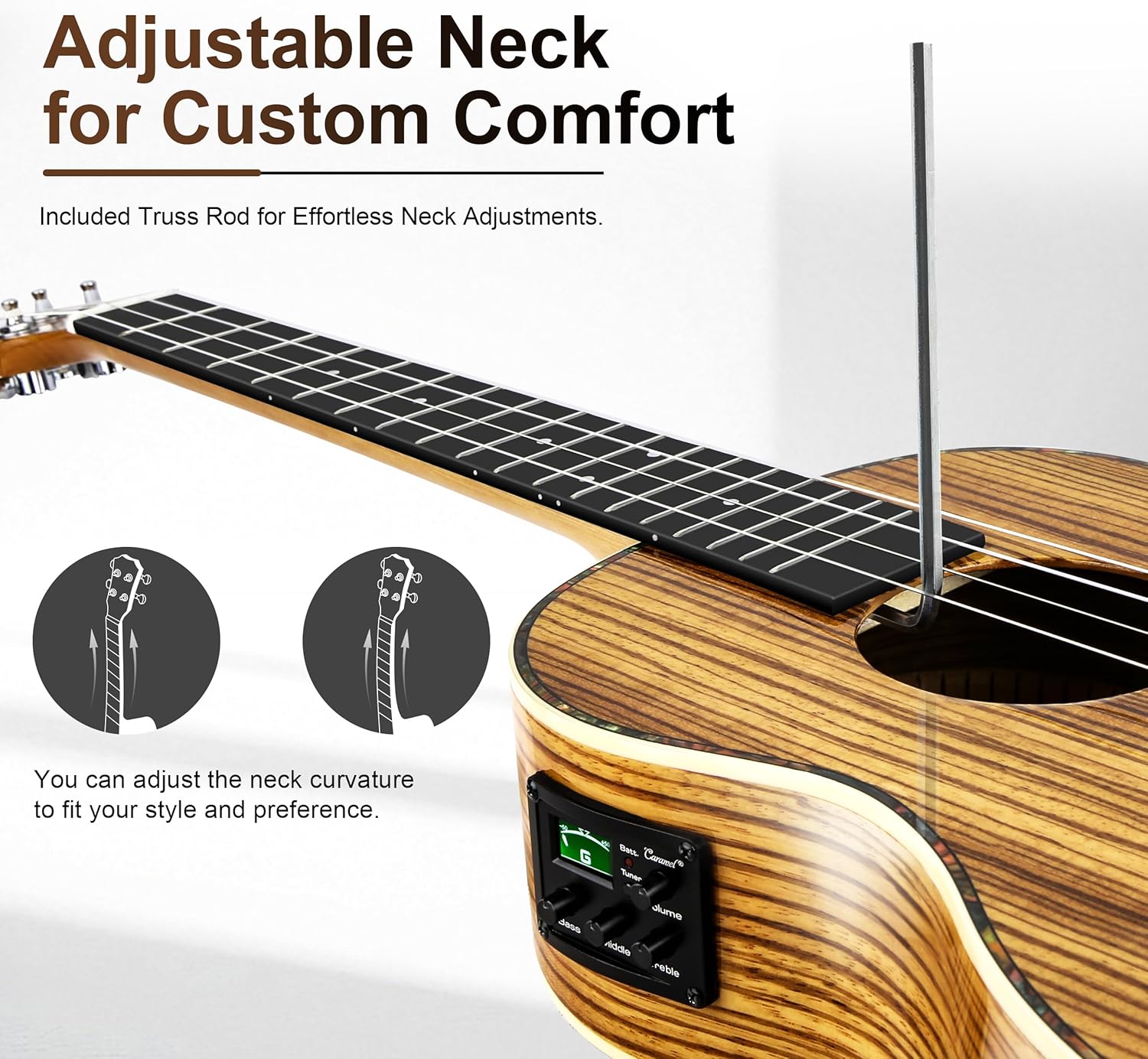 Caramel 30 inch CB103 Zebra wood High Gloss Baritone LCD color display Electric Ukulele Professional Ukelele Kit Beginner Travel Guitar Starter Pack Bundle, Padded Gig Bag, Strap Set
