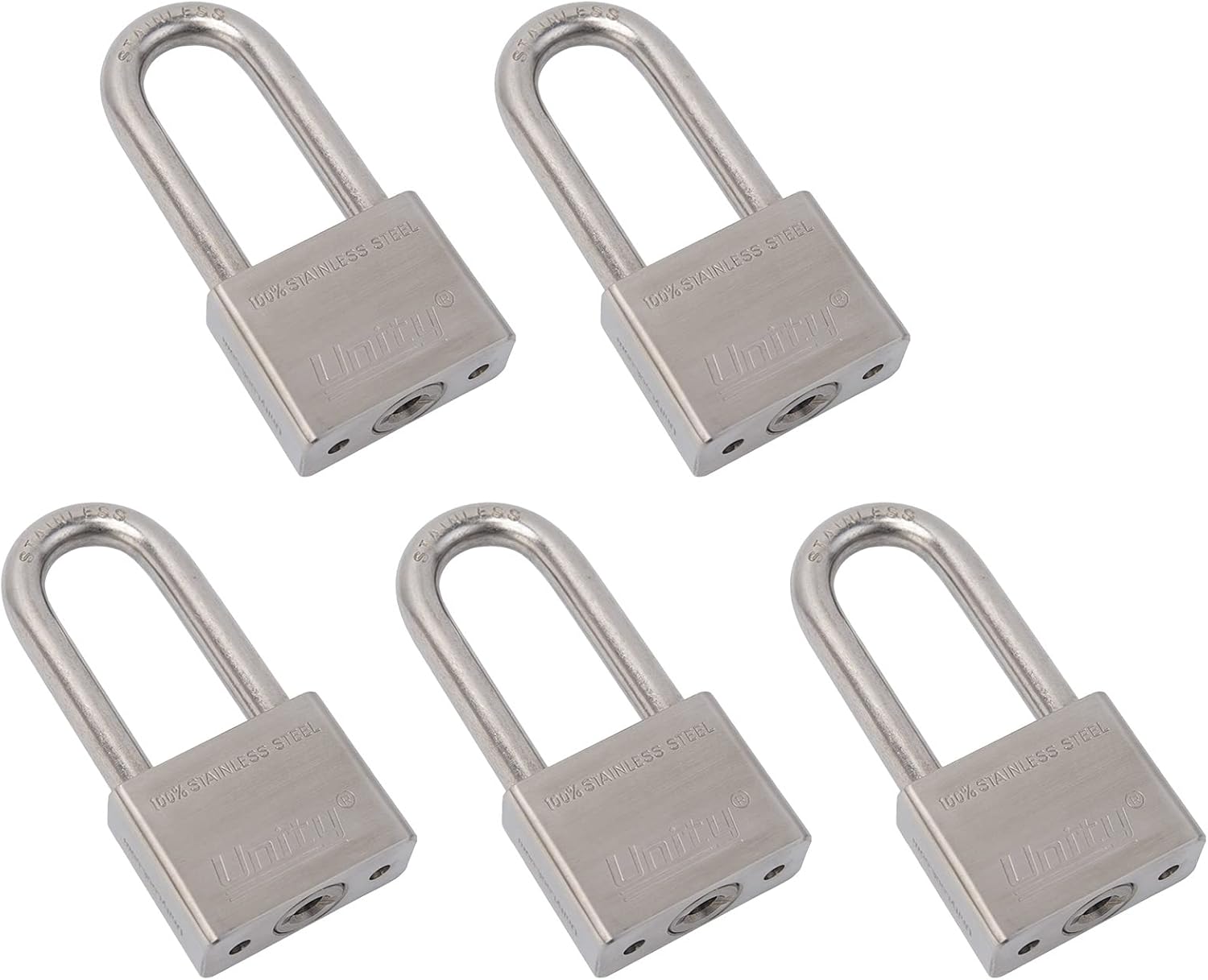 Unity Marine Padlock Keyed Alike 100% Stainless Steel Weatherproof for Sea, Boat, Port, Gate, Anti-Pick (5, 50mm Long Shackle)