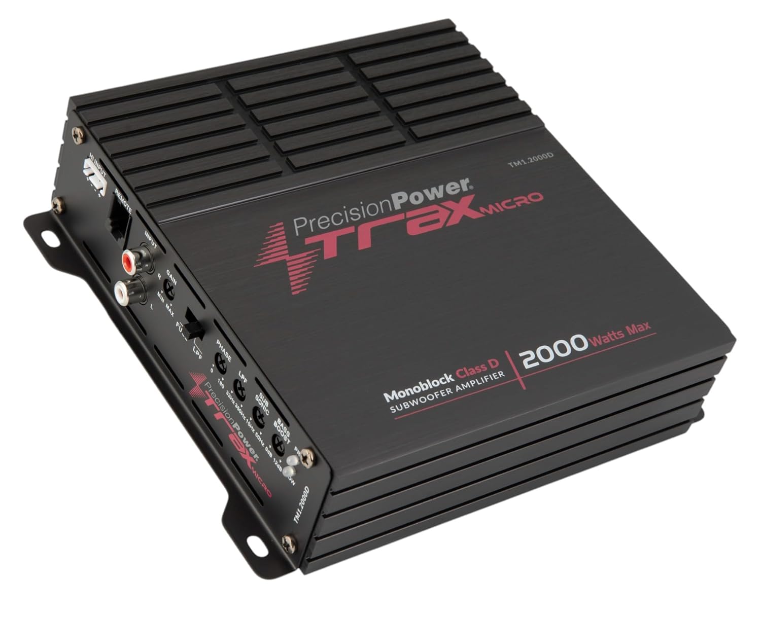 Precision Power Trax Micro Monoblock Class D Car Stereo Amplifier TM1.2000D – 2000W Single Channel Digital Subwoofer Amp with Wired Bass Control & High-Level Inputs for Powerful Audio