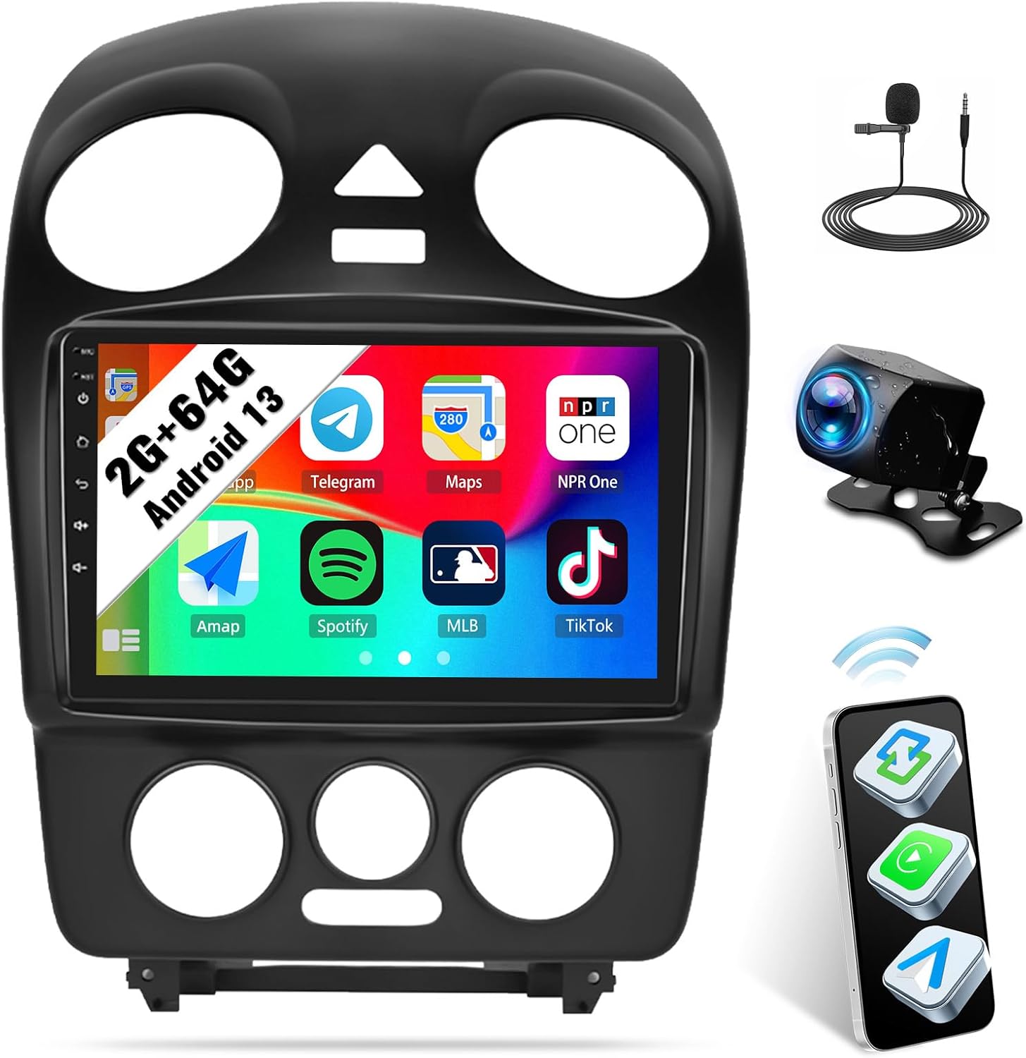 SIXWIN Android Car Stereo for VW Volkswagen Beetle 2004-2010 with Wireless CarPlay Android Auto Mirror Link 2G+64G 9 Inch Touchscreen Bluetooth GPS Navigation WiFi FM Backup Camera MIC