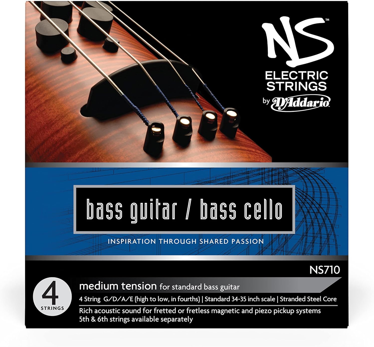 D'Addario NS Electric Bass/Cello String Set, 4/4 Scale, Medium Tension