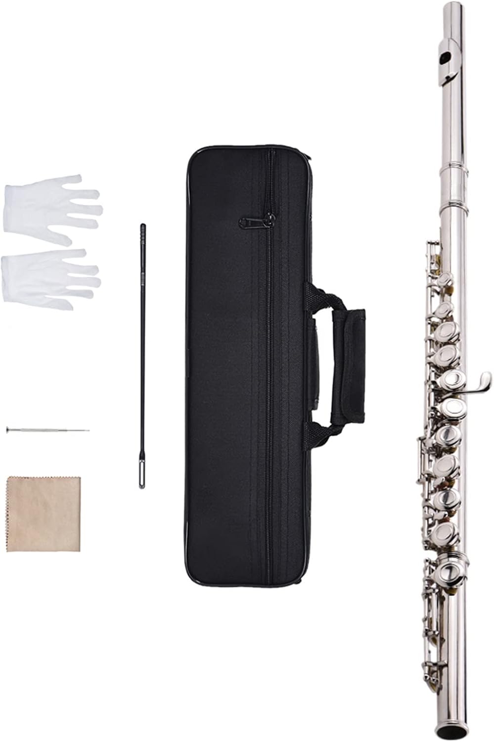 TSTS Flutes Musical Instrument Silver Plated 16 Holes C Key Flute Cupronickel Woodwind Instrument with Cleaning Cloth Stick Gloves