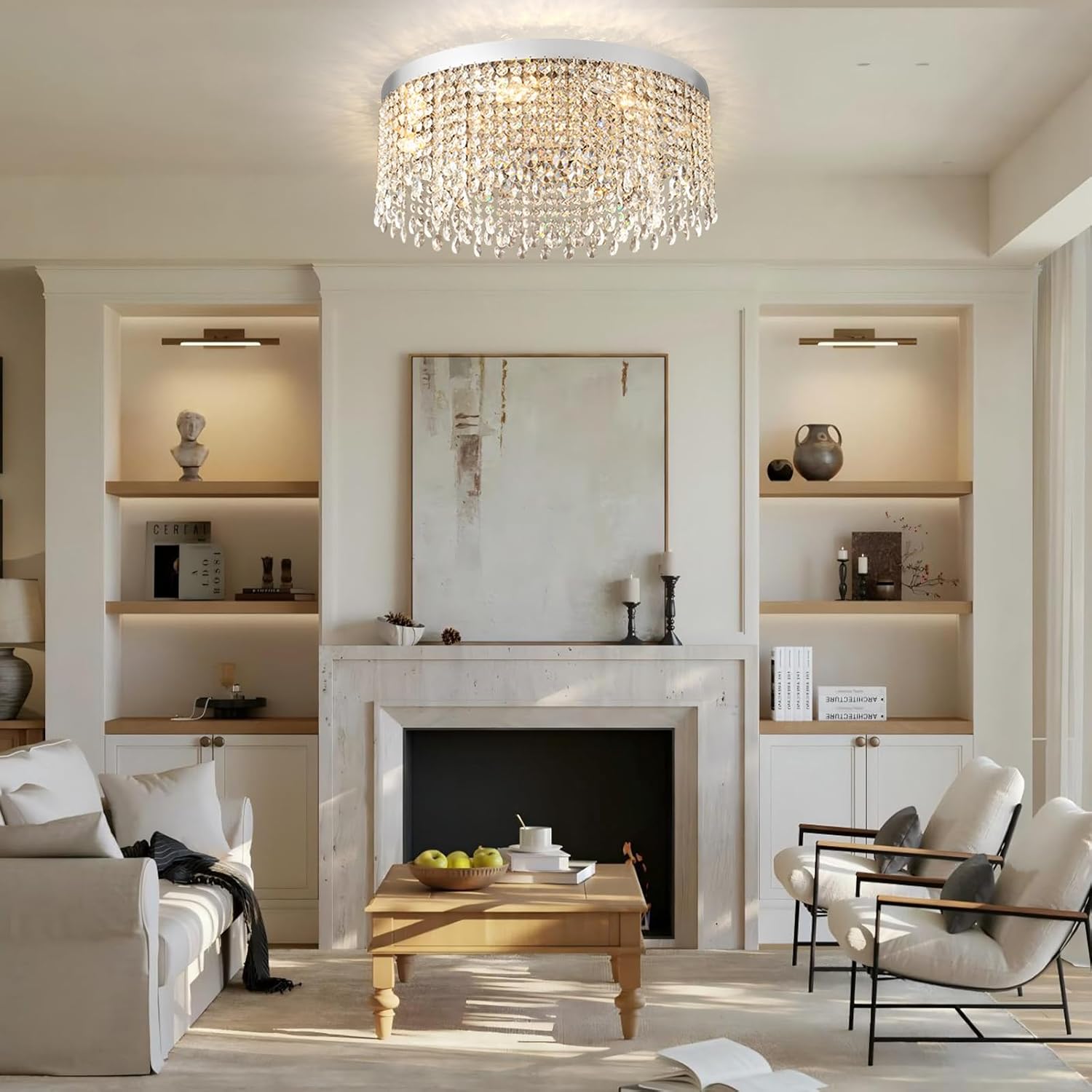 Modern Crystal Ceiling Light Chandelier 31.5in Raindrop Crystal Chandelier Large Flush Mount Light Fixtures for Living Room Dining Room Bedroom Chrome