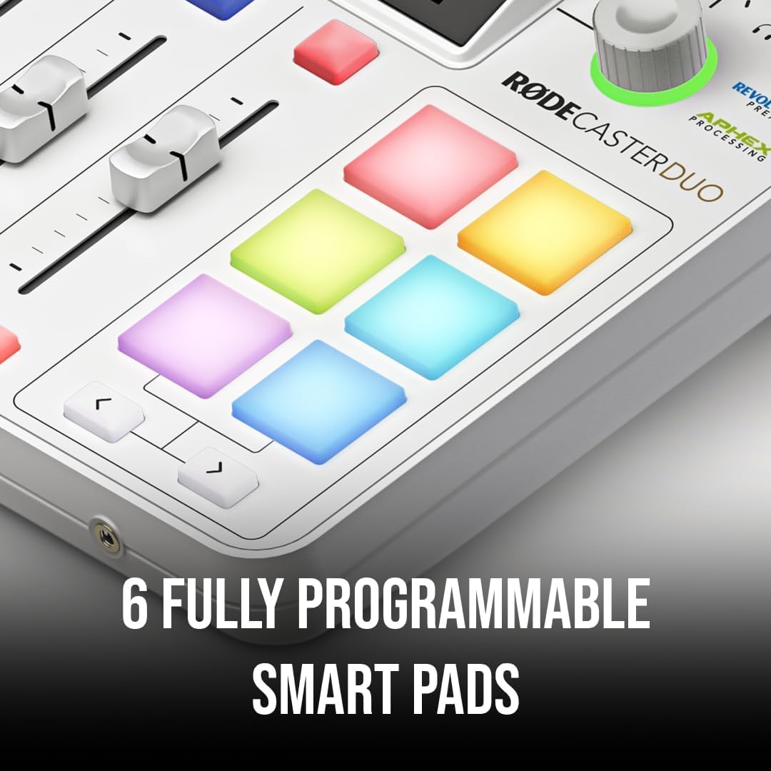 Rode RODECaster Duo with White-out Rode Podmic Dynamic Podcast Microphone, DS2 Desktop Mic Stand, NTH-100 Studio Headphones, RODECaster Duo Cover, SD Card and XLR Cable