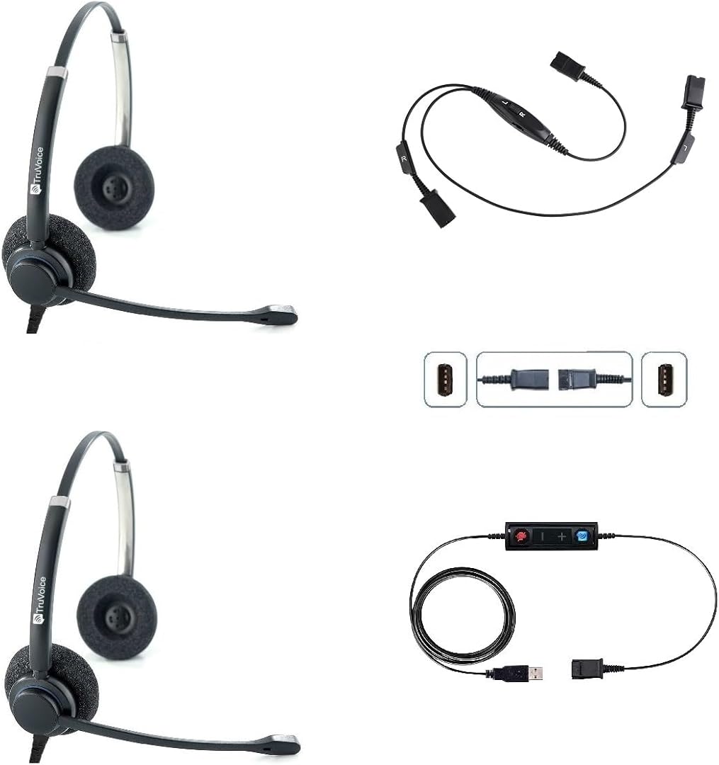 TruVoice Computer Dual Headset Bundle for Office Training | Monitoring | Supervising : Includes 2 x HD150 Headset with NC Microphone, Training Y Splitter + USB Cable Compatible with PC and Softphones