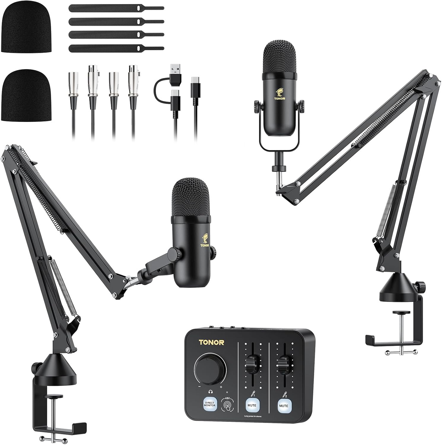 TONOR Podcast Equipment Bundle for 2, Audio Mixer with 2 Dynamic Microphone and 2 Boom Arm Set, XLR Mic with Studio Audio Interface, All-in-One Pack for Podcasting, Recording, Youtube, Tiktok, POD-2