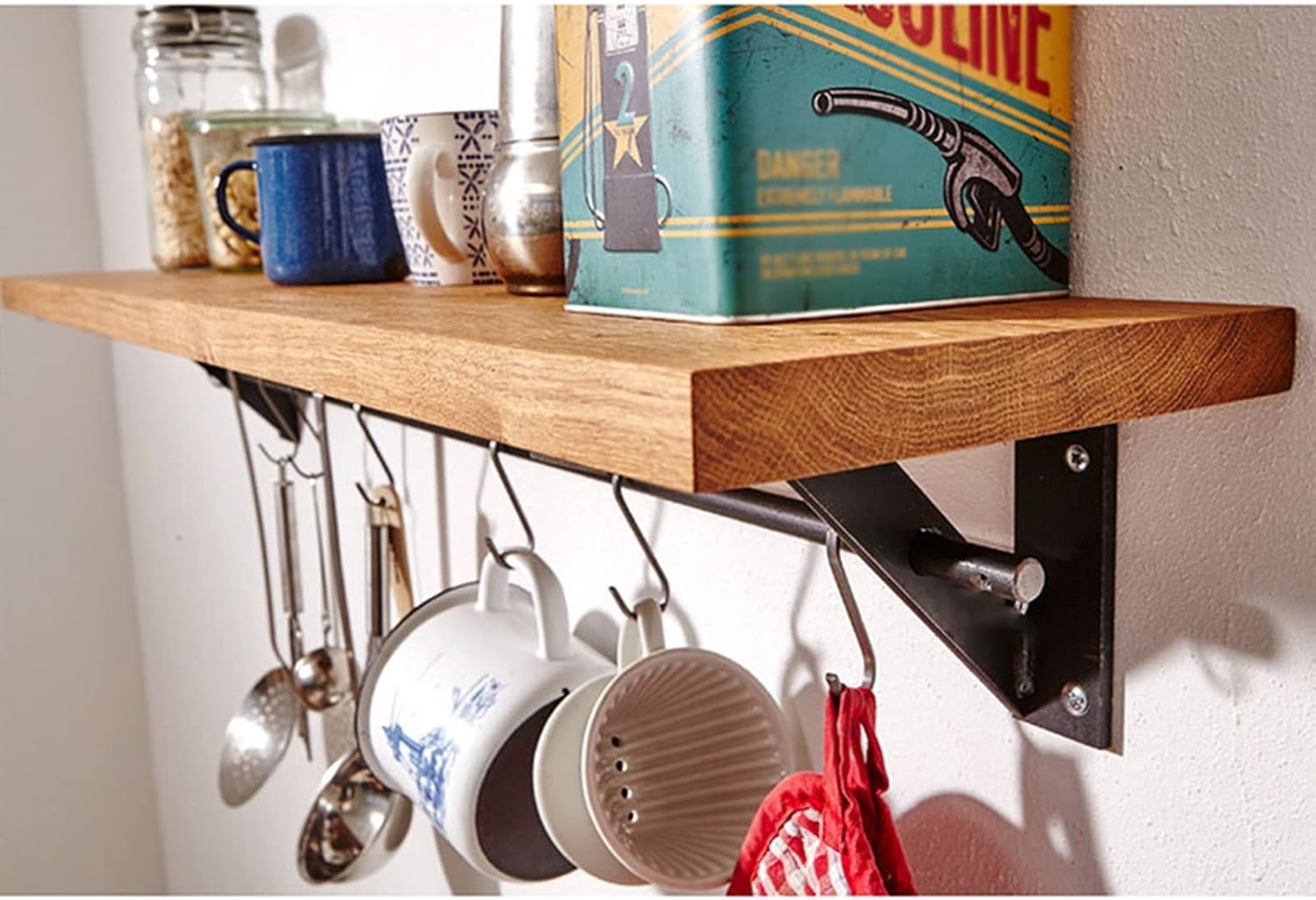 Floating Shelves for Kitchen Spice Storage Hanging Pot & Pan Rack,Wood Wall Mount Shelf with Rails and Hooks, for Bedroom, Living Room, Bathroom, Hanger Organizer for Utensil (Size : 60x20x ()