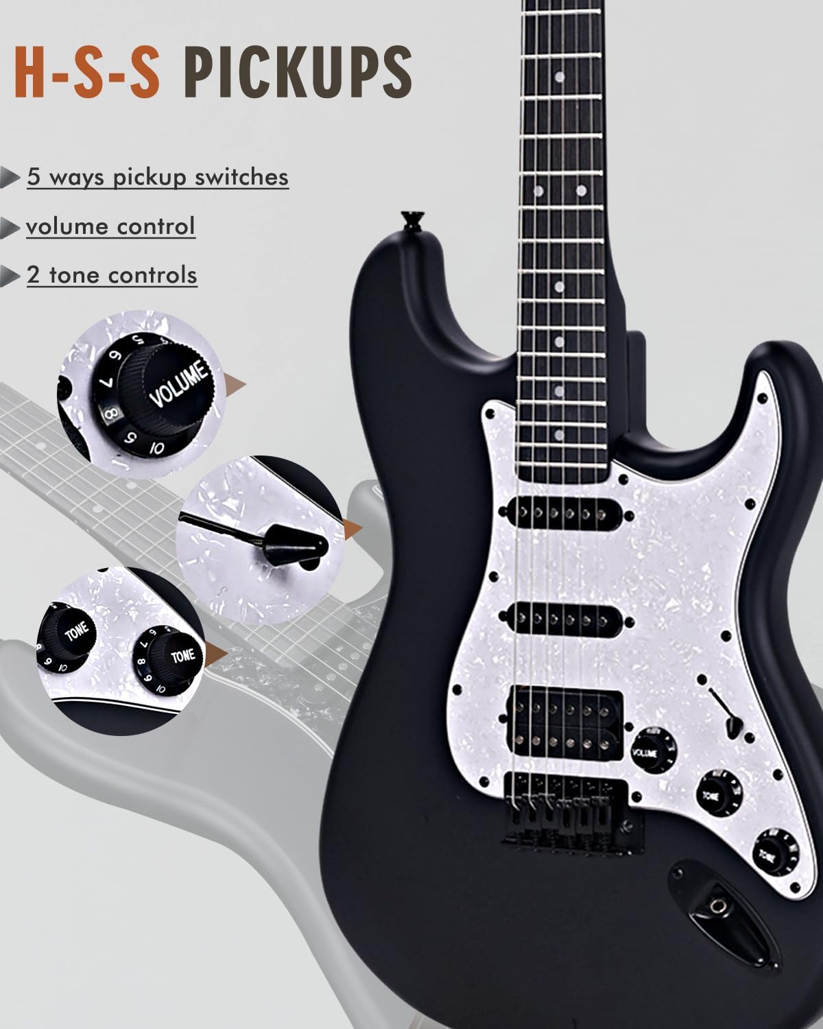 Winzz Adult Electric Guitar 4/4 Full Size, HSS Pickup, Guitar Electric ST for Beginners Starter Pack with 12 Accessories, Ideal Kids Electric Guitar Kit 12+ Years (39