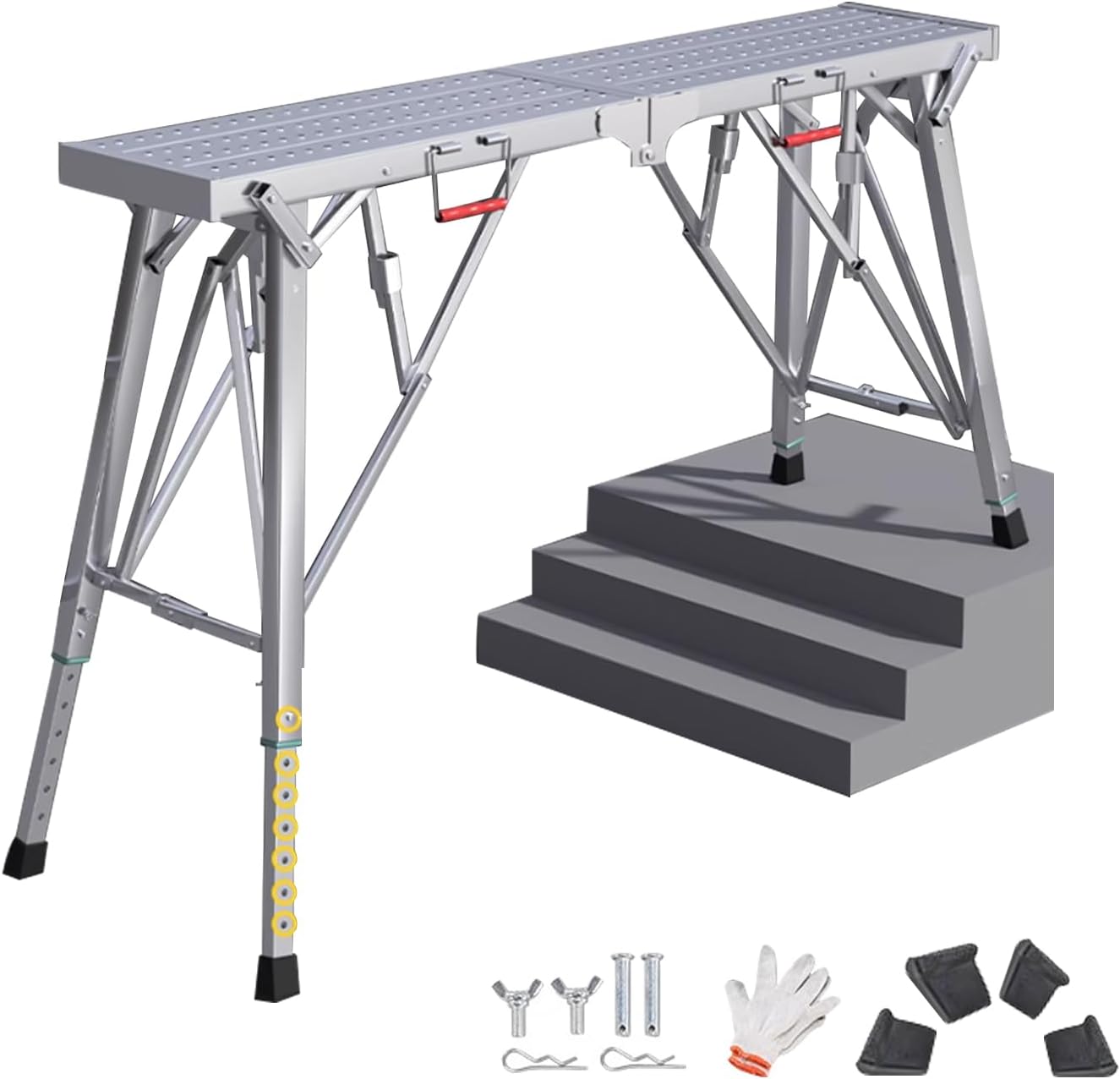 HIYOUGO Scaffolding Platform Adjustable Height, Folding Work Platform, Aluminum Portable Scaffolding Ladder, Non-Slip Portable Work Bench 660lbs Capacity for Drywall, Cleaning RV, 140 × 25cm