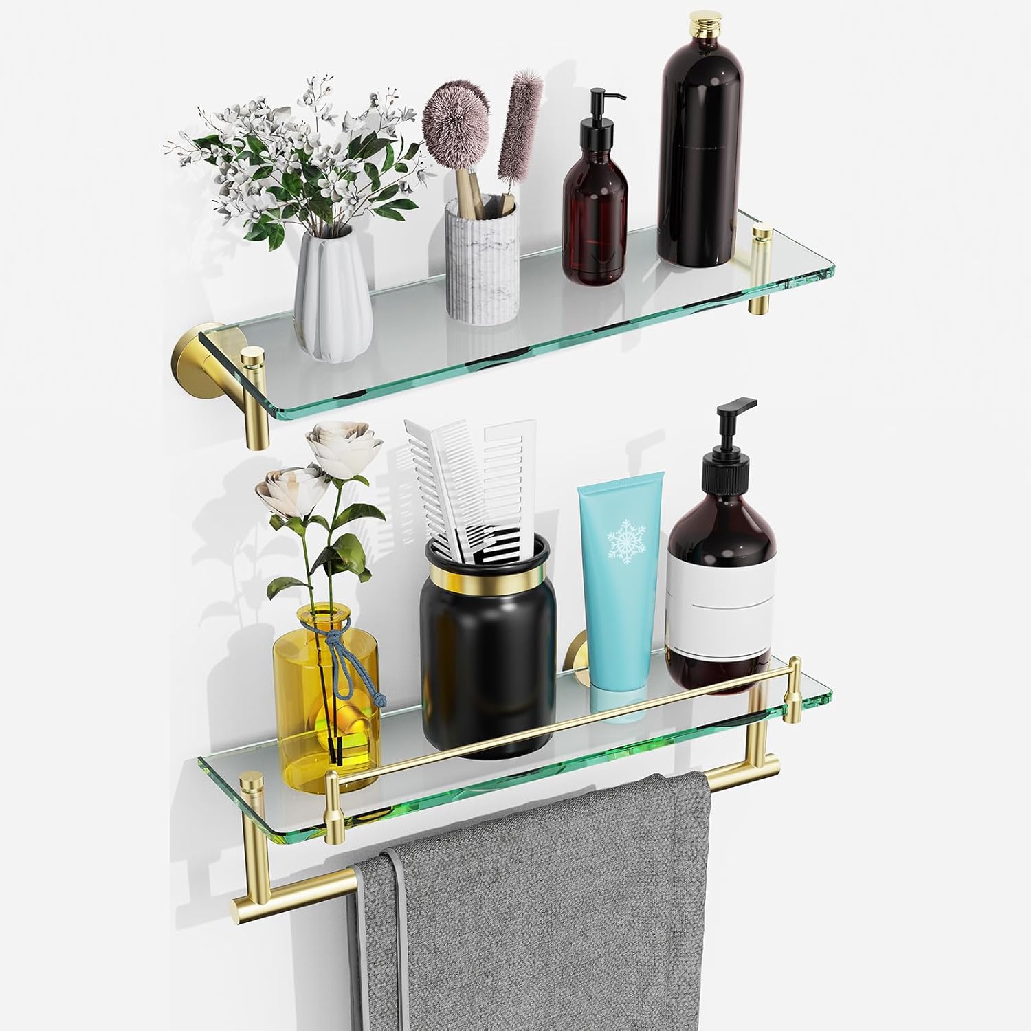 Glass Shelves for Bathroom 2 Pack,20-Inch Brushed Gold Towel Bar Glass Bathroom Shelves(Brushed Gold)