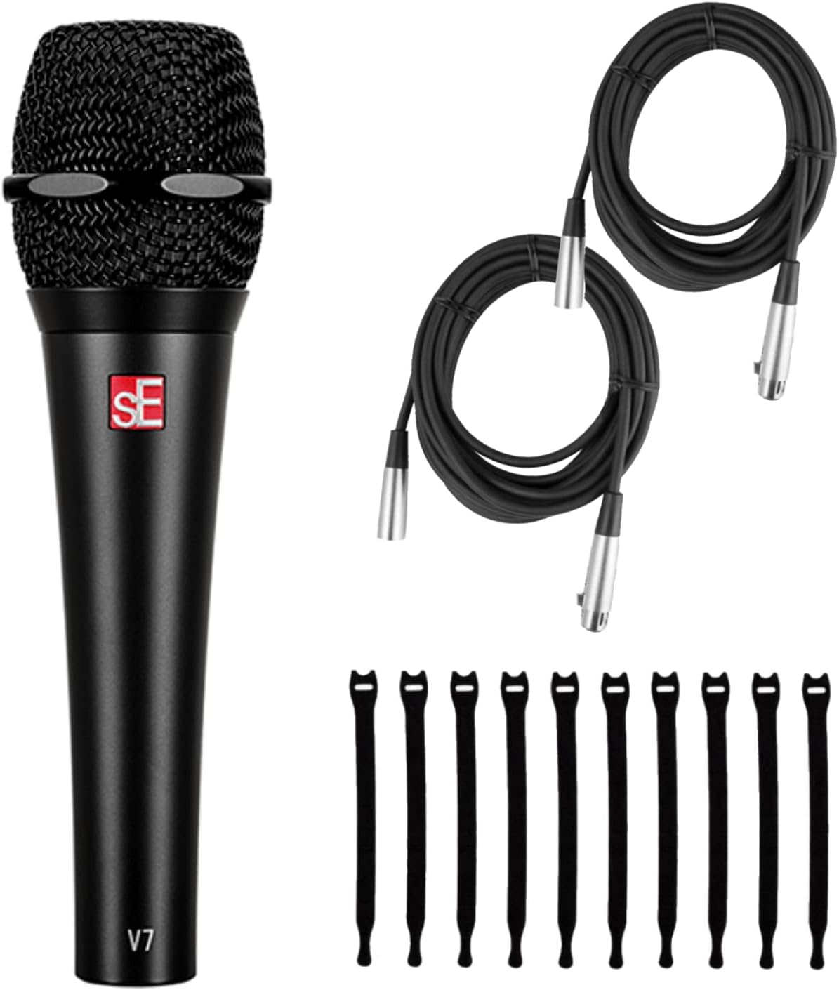 Briskdrop sE Electronics V7 Black Dynamic Supercardioid Handheld Microphone, Black - Bundle with 2 XLR Cables and 10 Cable Ties