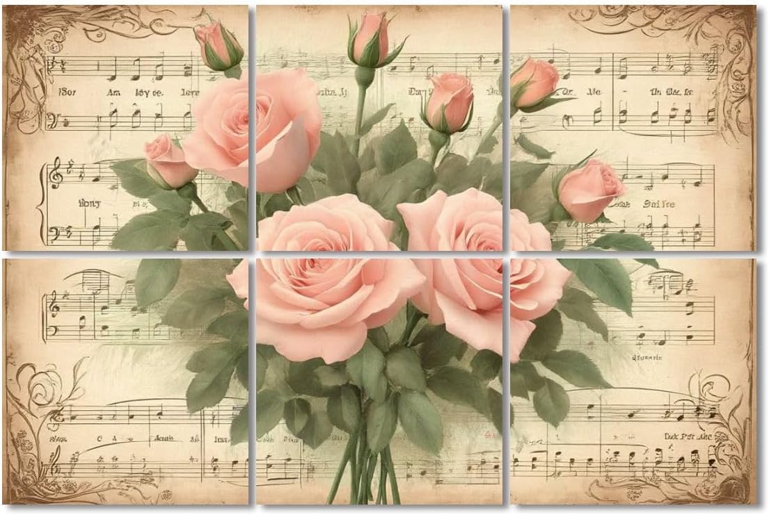 6 Pack Art Acoustic Panels Sound Absorbing Vintage Flowers Pink Rose Retro Floral Farmhouses Plant Printing Roses Decorative Soundproof Wall Panels Self Adhesive for Recording Studios Office 72