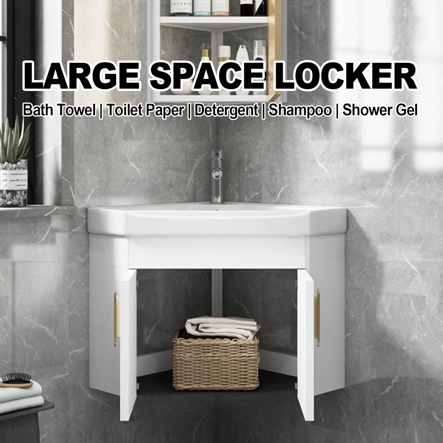 Wall mount Single Floating Bathroom Vanity, Ceramic corner bathroom vanity cabinets, for small corner sink Cabinet Set Design, for Home Kitchen Patio Laundry Room.(Color:White,Size:48*48cm)