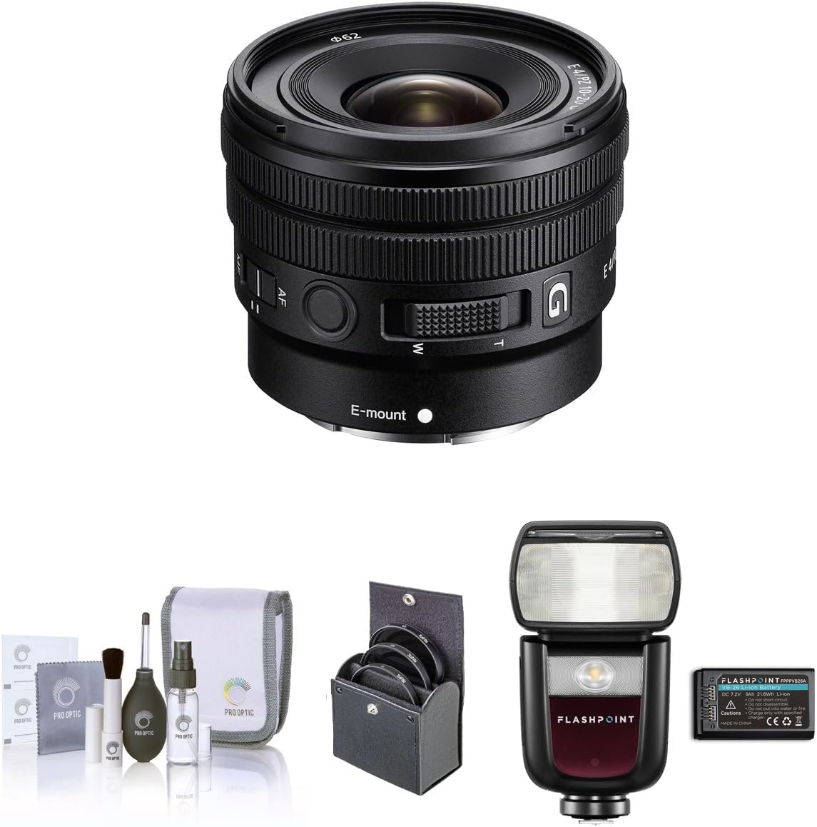 Sony E 10-20mm f/4 PZ G Lens for Sony E, Bundle with Flashpoint Zoom Li-on III R2 TTL Speedlight Flash, 62mm Filter Kit, Cleaning Kit