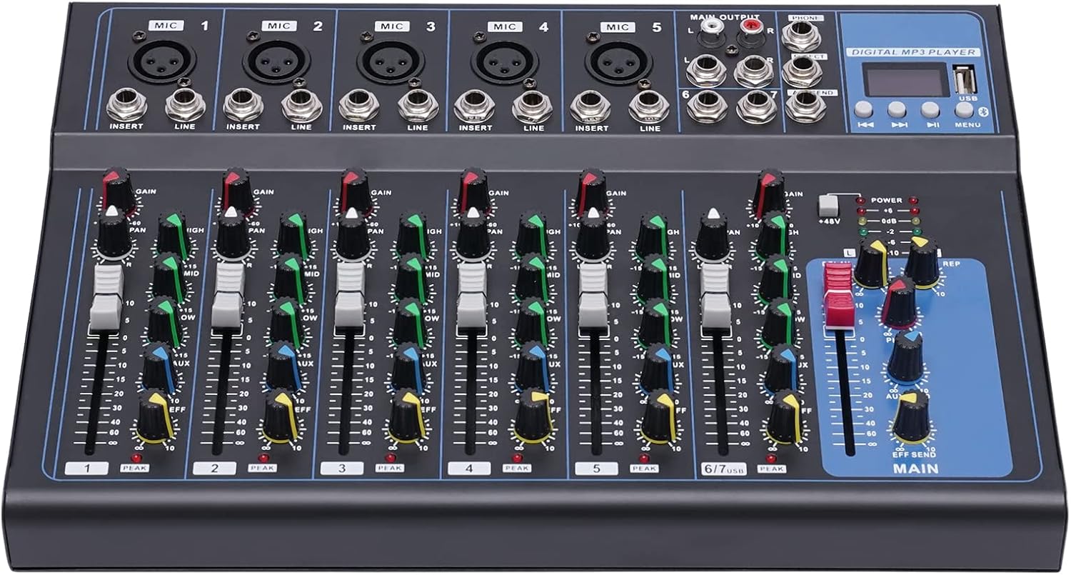 7 Channel Bluetooth Portable Audio Mixer w/USB DJ Sound Mixing Console MP3 Jack 48V Power for Computer Studio Recording 110V (7 Channel Mixer)
