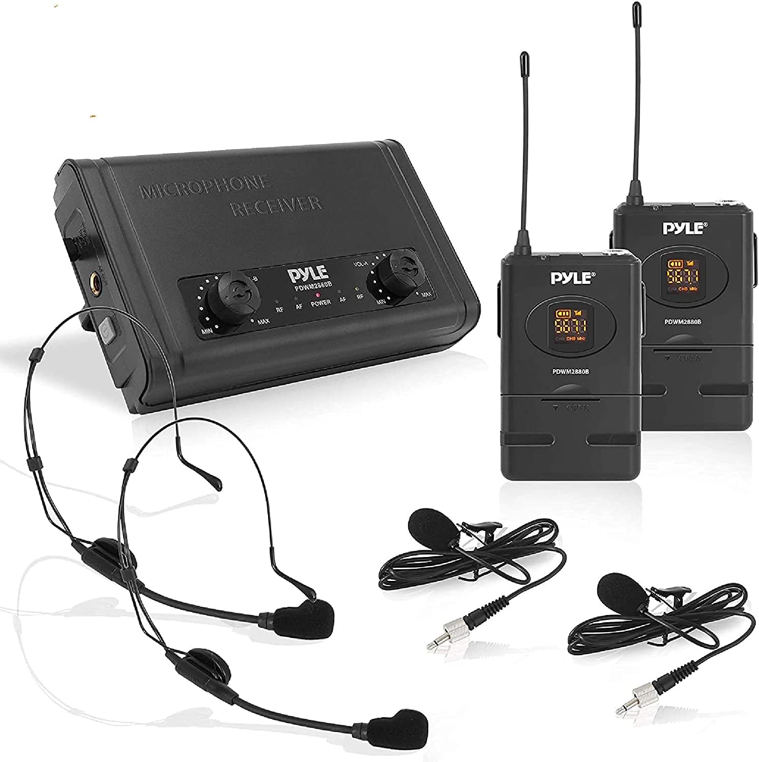 Compact UHF Wireless Microphone System - Pro Portable Dual Channel Desktop Digital Mic Receiver Set w/ 2 Belt-Pack Transmitter, Receiver, 2 Headset Lavalier Mics, Battery, For Home PA - Pyle