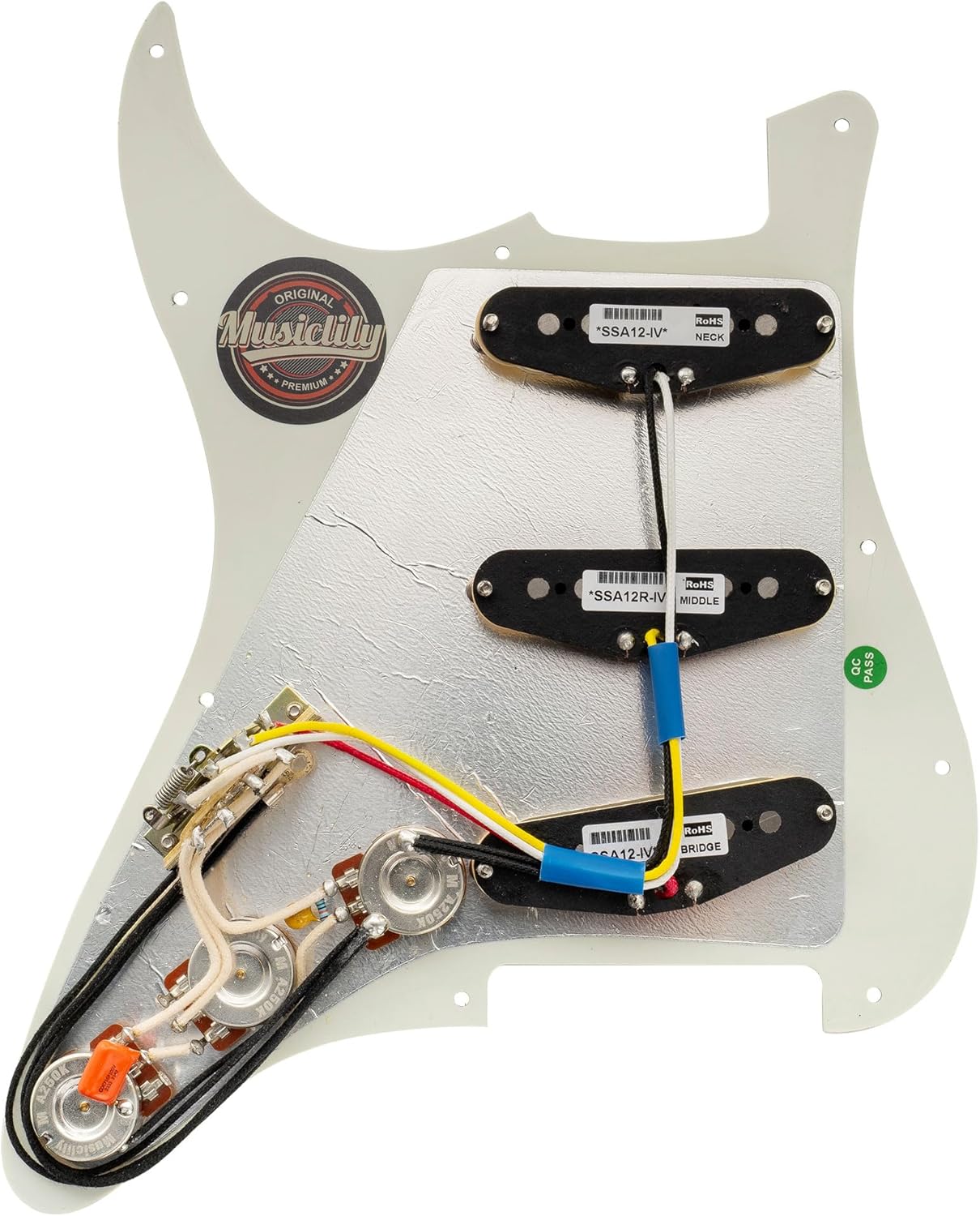Musiclily Pro Pre-wired Standard SSS Pickguard with Artec Pickups Staggered Alnico 5 Magnet Single Coil Pickups for ST Style Electric Guitar, 3Ply Aged White