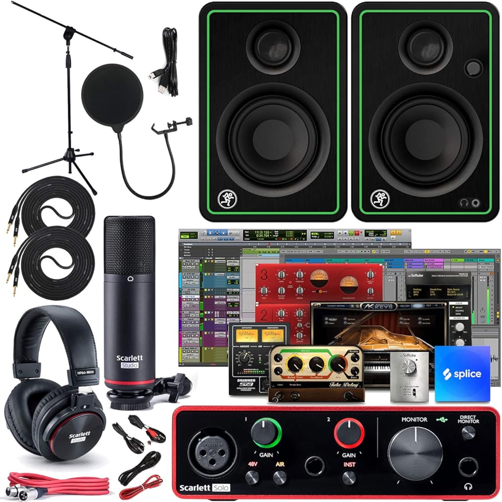 Focusrite Scarlett Solo Studio 3rd Gen USB Audio Interface and Recording Bundle with Monitors (Pair), Microphone Stand, 8mm TS Cable (2-Pack), and Pop Filter (5 Items)