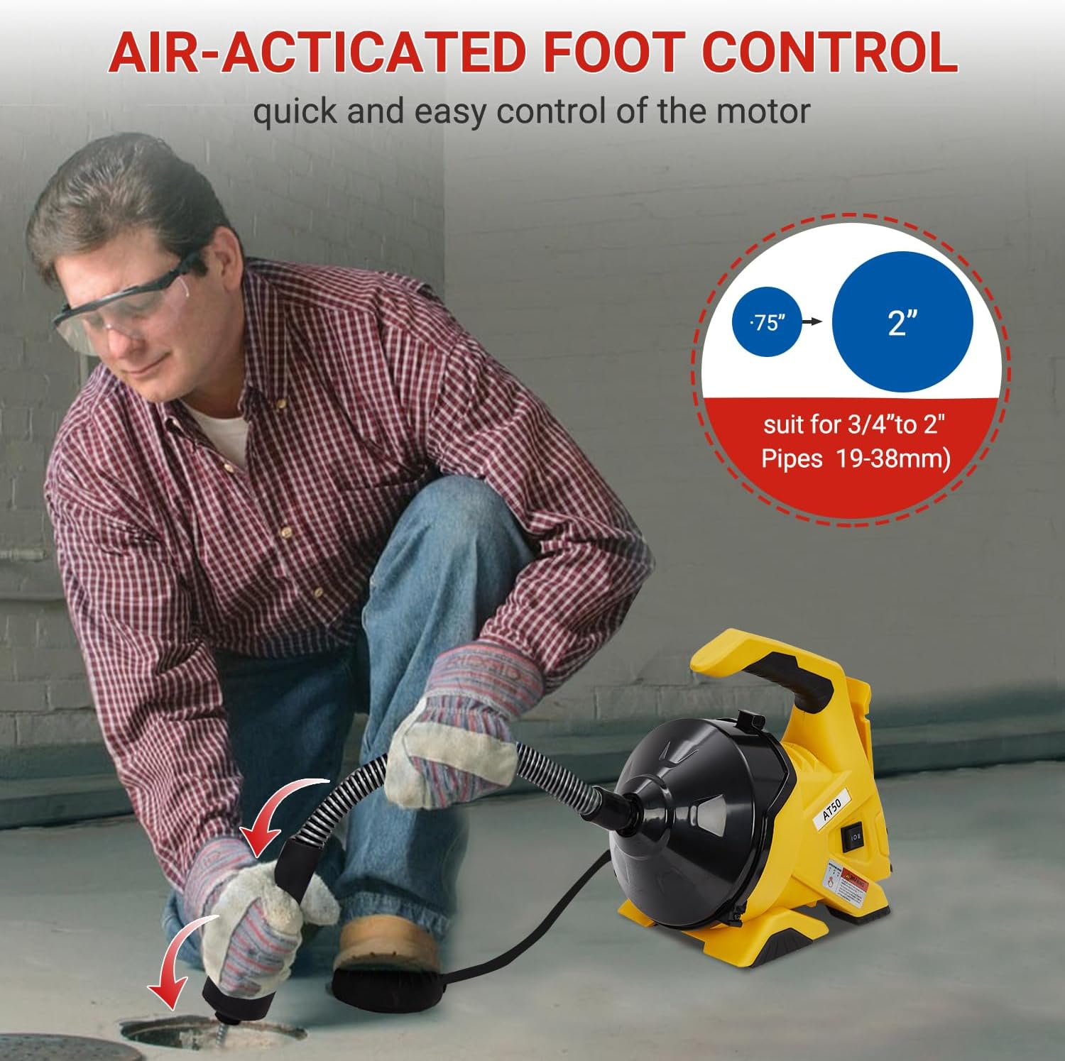 30Ft Electric Drain Cleaner Machine with Auto-Feed & Foot Switch, for 3/4In-2In Pipes - Piano Wire Sewer Snake for Sinks, Toilets, Floor Drains