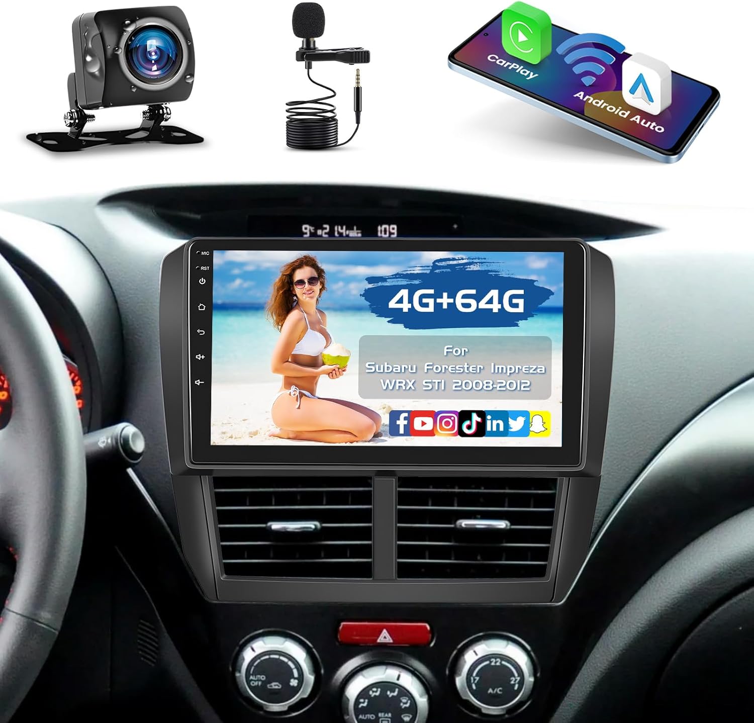 8-Core 4+64G Android 15 Car Stereo Upgrade Radio for Subaru Forester Impreza WRX STI 2008-2012, 9'' HD Touch Screen with Wireless CarPlay & Android Auto, Backup Camera, Mirror Link, GPS Navi