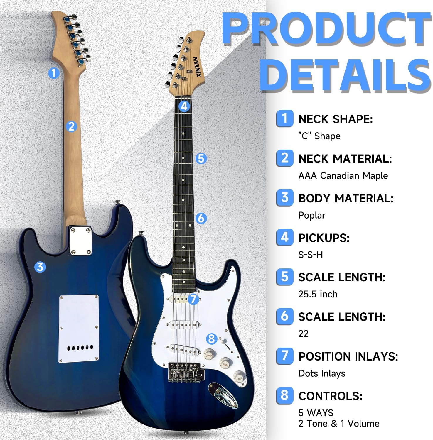 39in Full Size Beginner Electric Guitar Starter Kit w/Case, Strap, 20W Amp, Strings, Pick, Tremolo Bar (Blue Guitar)