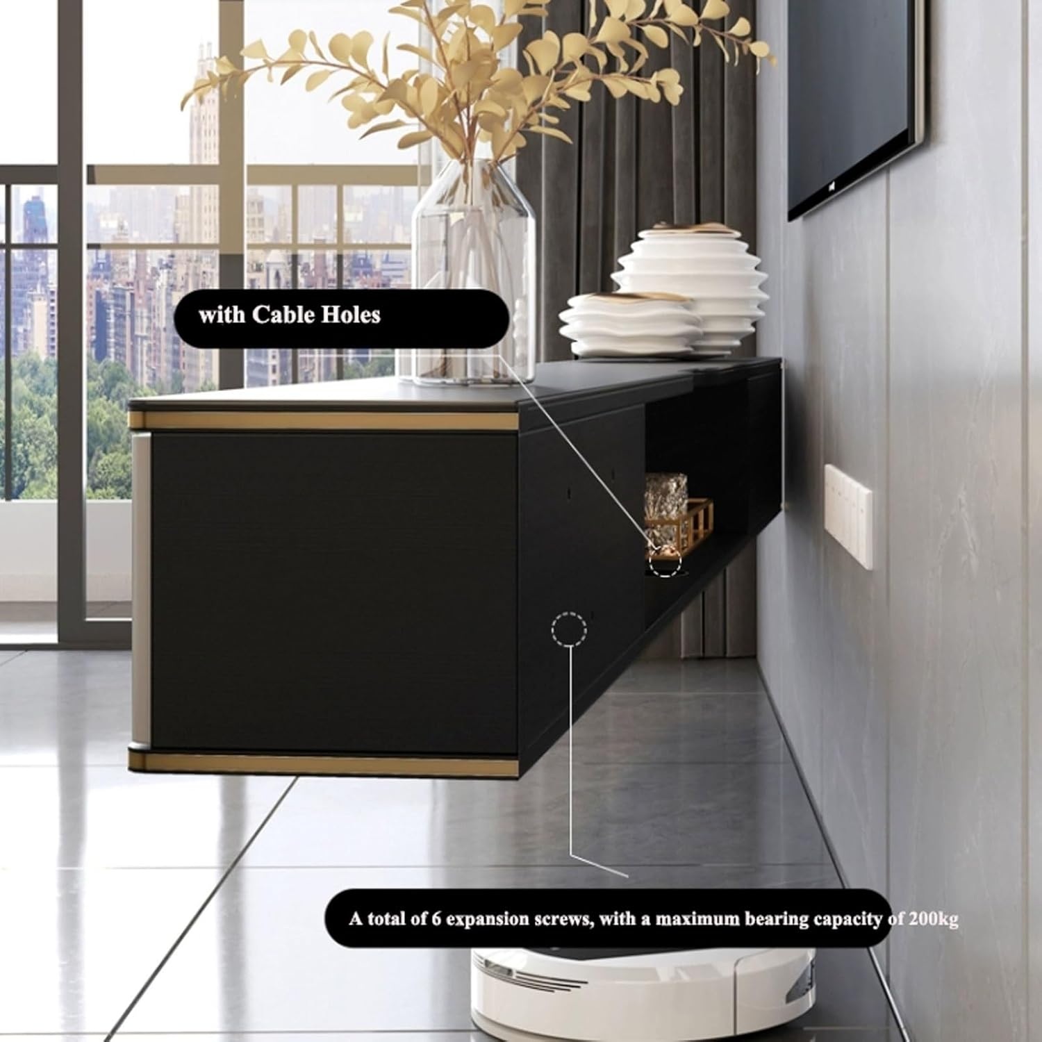 Console Floating TV Shelf for Under Wood Stand with Slate Tabletop Wall Mount Media Console with Storage Large Capacity Storage(Small)