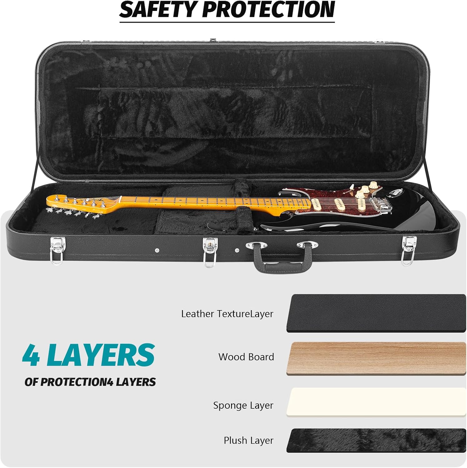 LETSROCK Electric Guitar Hard Shell Case, 39-Inch Standard Electric Guitar Hardshell Carrying Case for KST/KTL/170 Model with Lock Latch Padding (Black)