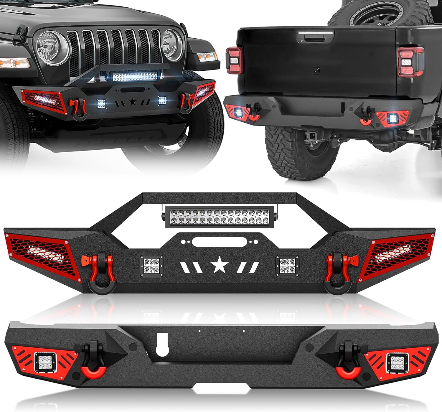 for JT Front & Rear Bumpers Compatible with 2020-2026 Jeep Gladiator JT with Winch Plate, Paintable Armor, LED Lights, Sensor Holes, License Plate Bracket, License Plate Lights Holes & D-rings