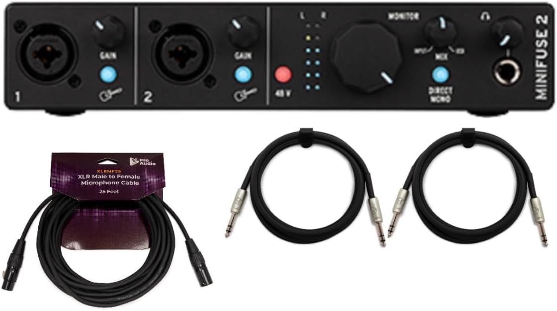 Arturia MiniFuse 2 USB-C Audio Interface Bundle with 25-Feet XLR Microphone Cable and 2x 1/4-Inch TRS Cable (6-Feet) (4 Items)