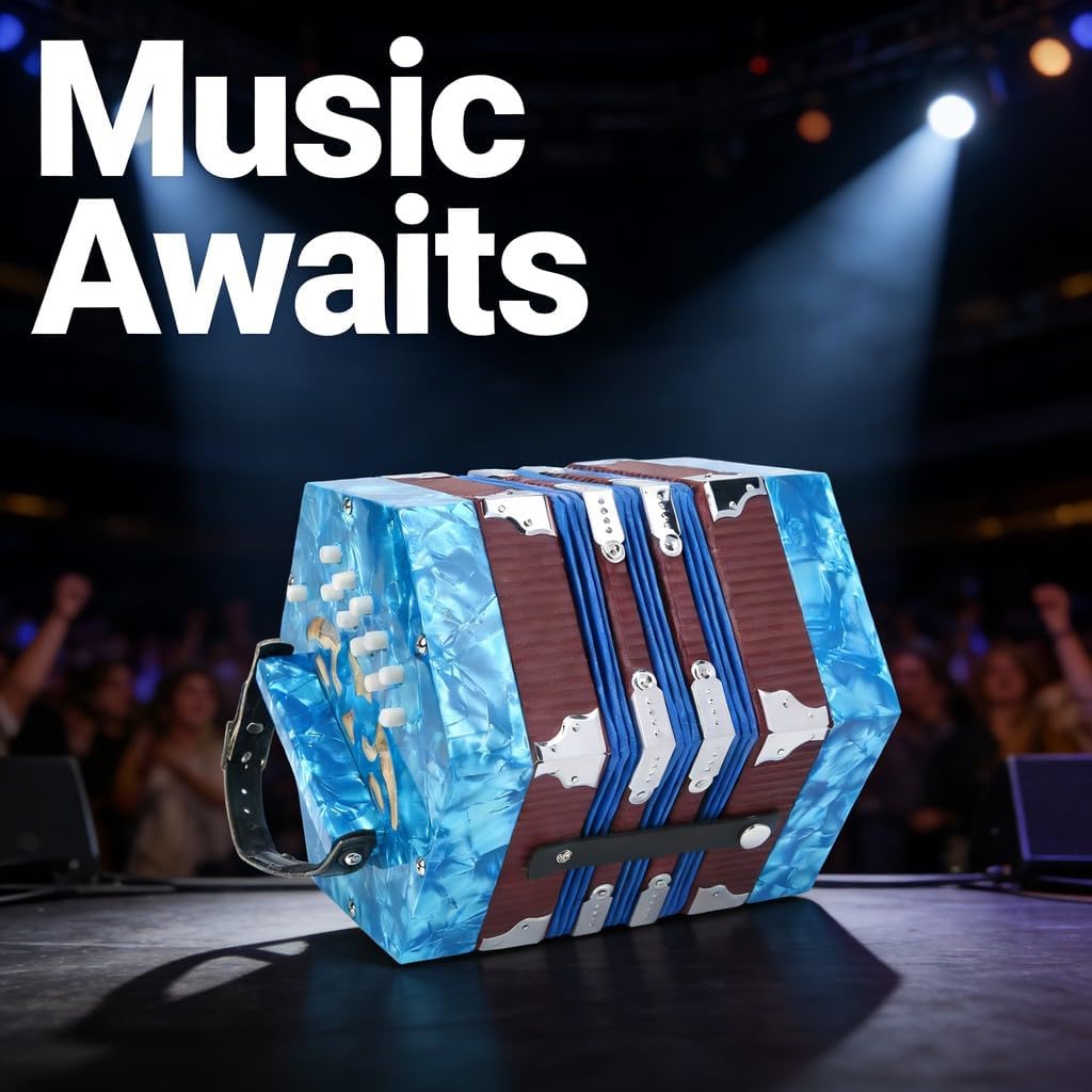 Concertina Accordion Portable Wood Instrument Royal Blue, Adjustable Hand Strap, Beginner Friendly - Professional Craftsmanship, Compact Design, Ideal for Adults and Students (Blue)
