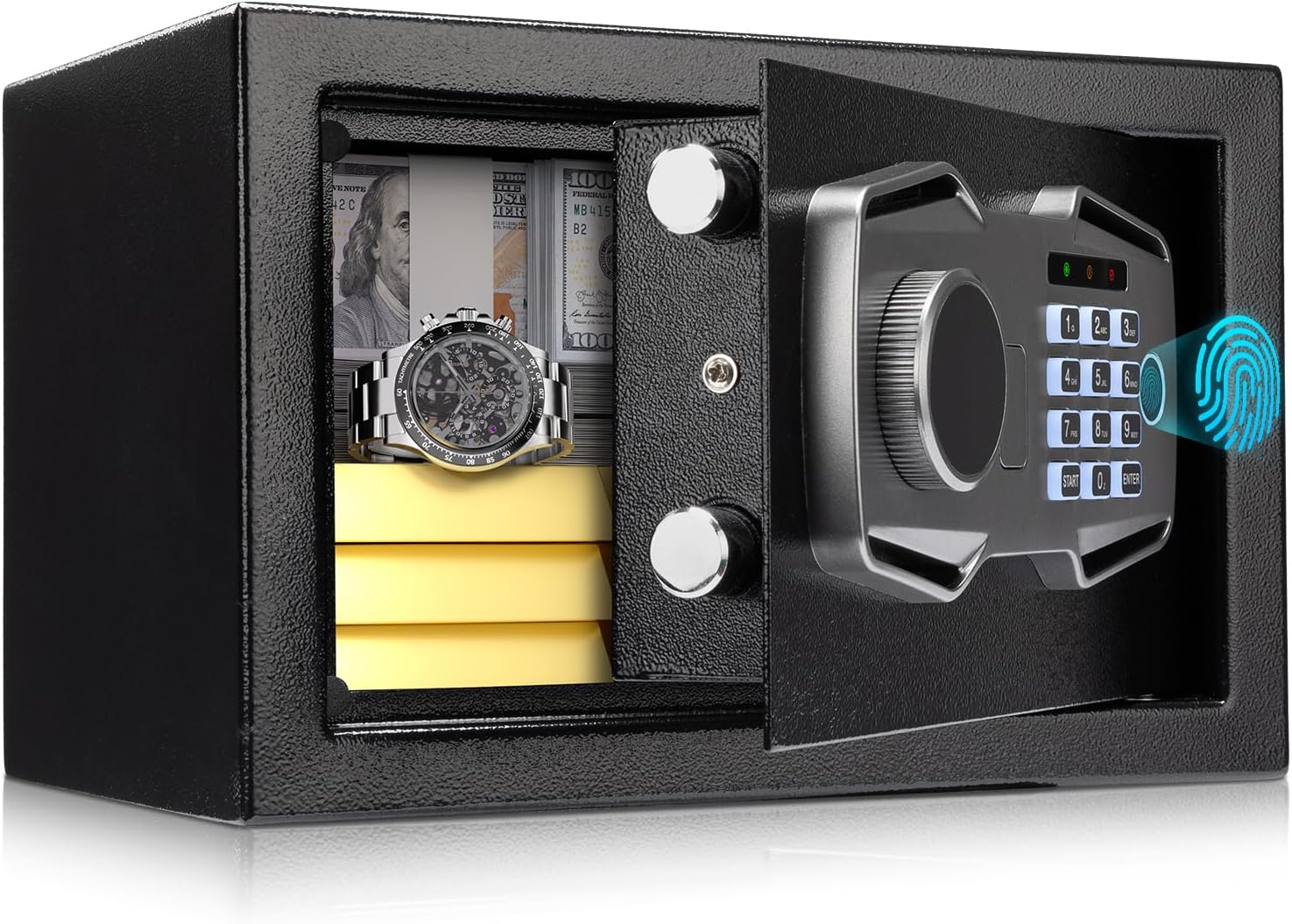 MUNBYN Biometric Fingerprint Safe with Alarm System, 3-Way Access Lock Box with Electronic Keypad, Display Screen & USB-C Port for Home & Office, Document, Jewelry and Cash Protection