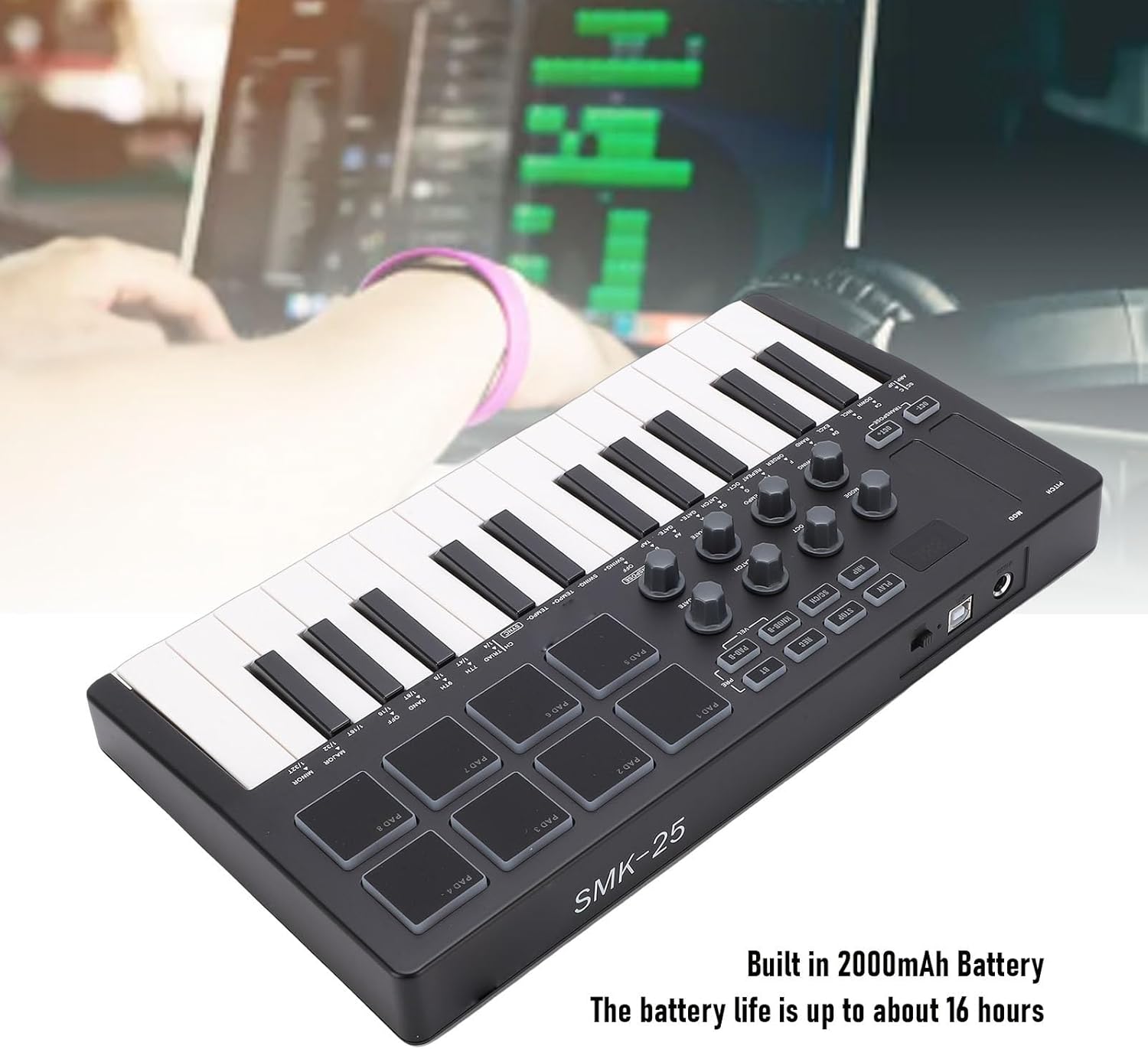 Focket MIDI Keyboard, 25 Force Sensing Keys 8 RGB Backlit Pads 8 Knobs 2 Touch Strips with Wireless Connectivit for Music Production Live FL Studio Cubase Logic Pro X